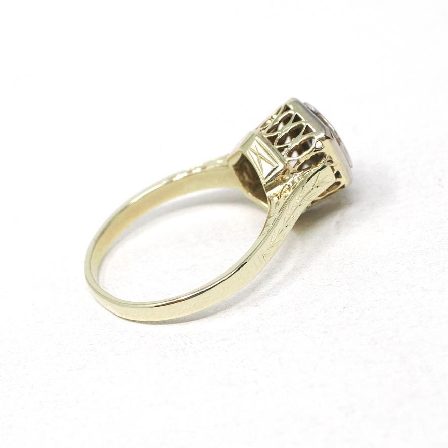 Art Deco Diamond Ring - Vintage 14k Yellow White Gold .13 CT Hexagonal Engagement - Circa 1930s Era Size 6.5 Fine Tall Crown Bridal Jewelry