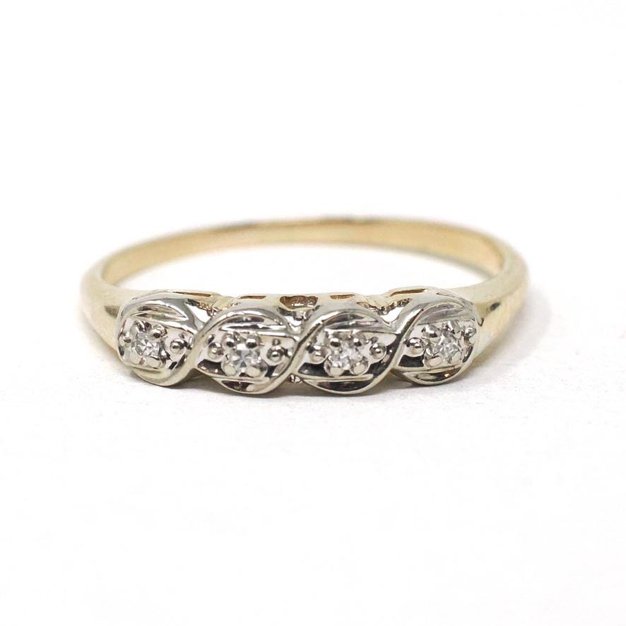 Vintage Diamond Band - Mid Century 14k Yellow & White Gold .03 CTW Wedding Ring - Circa 1950s Size 7 1/4 Fine Two Tone Fine Bridal Jewelry