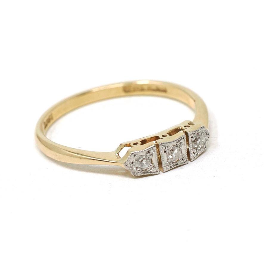 Diamond Wedding Band - Mid Century 18k Yellow Gold & Platinum .07 CTW Stacking Ring - Circa 1940s Size 6 3/4 Fine Two Tone Bridal Jewelry