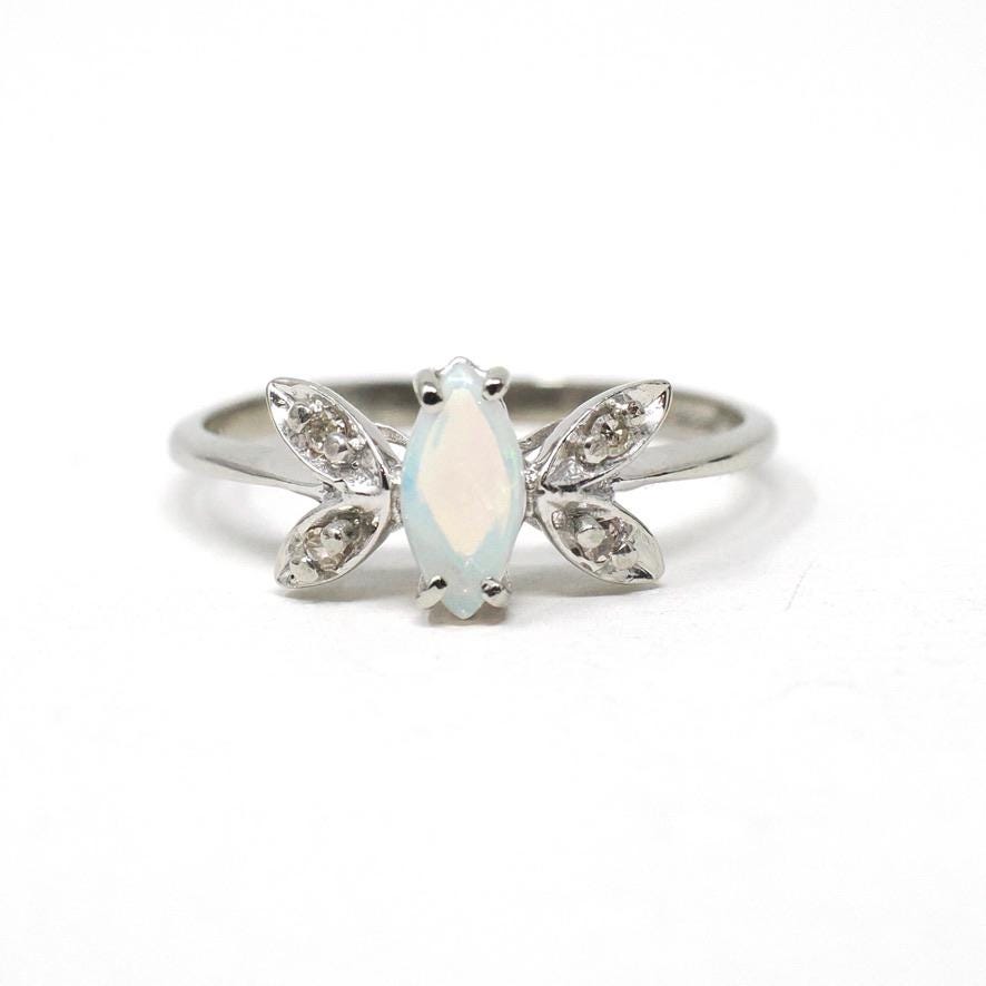 Opal & Diamond Ring - Modern 10k White Gold Cabochon Marquise Butterfly Statement - Estate Circa 2000s Era Size 6 3/4 Dainty Fine Jewelry