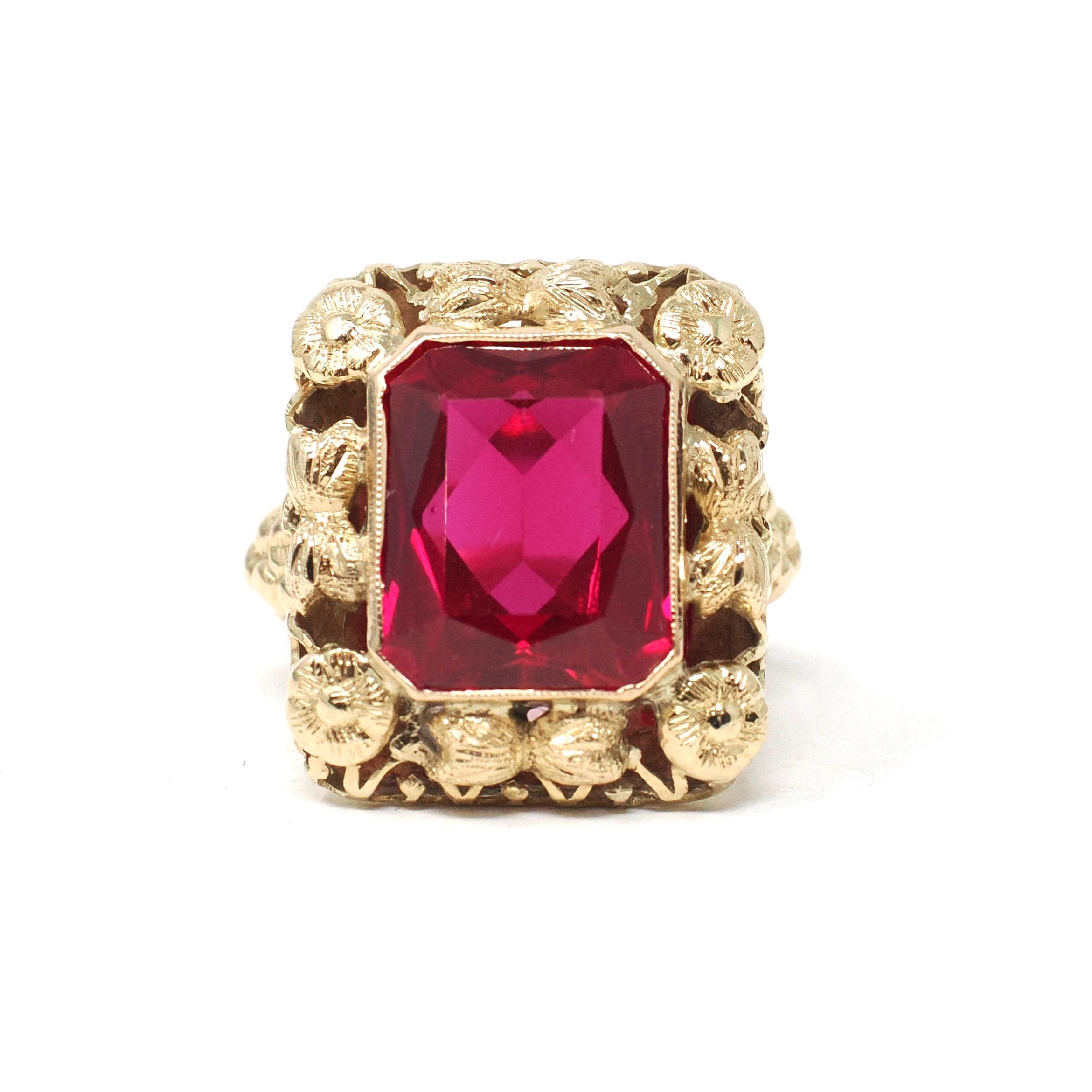 Vintage Created Ruby Ring - Retro 14k Yellow Gold French Cut Rectangular Red Gem Flower Statement - Circa 1940s Size 5 Floral Fine Jewelry