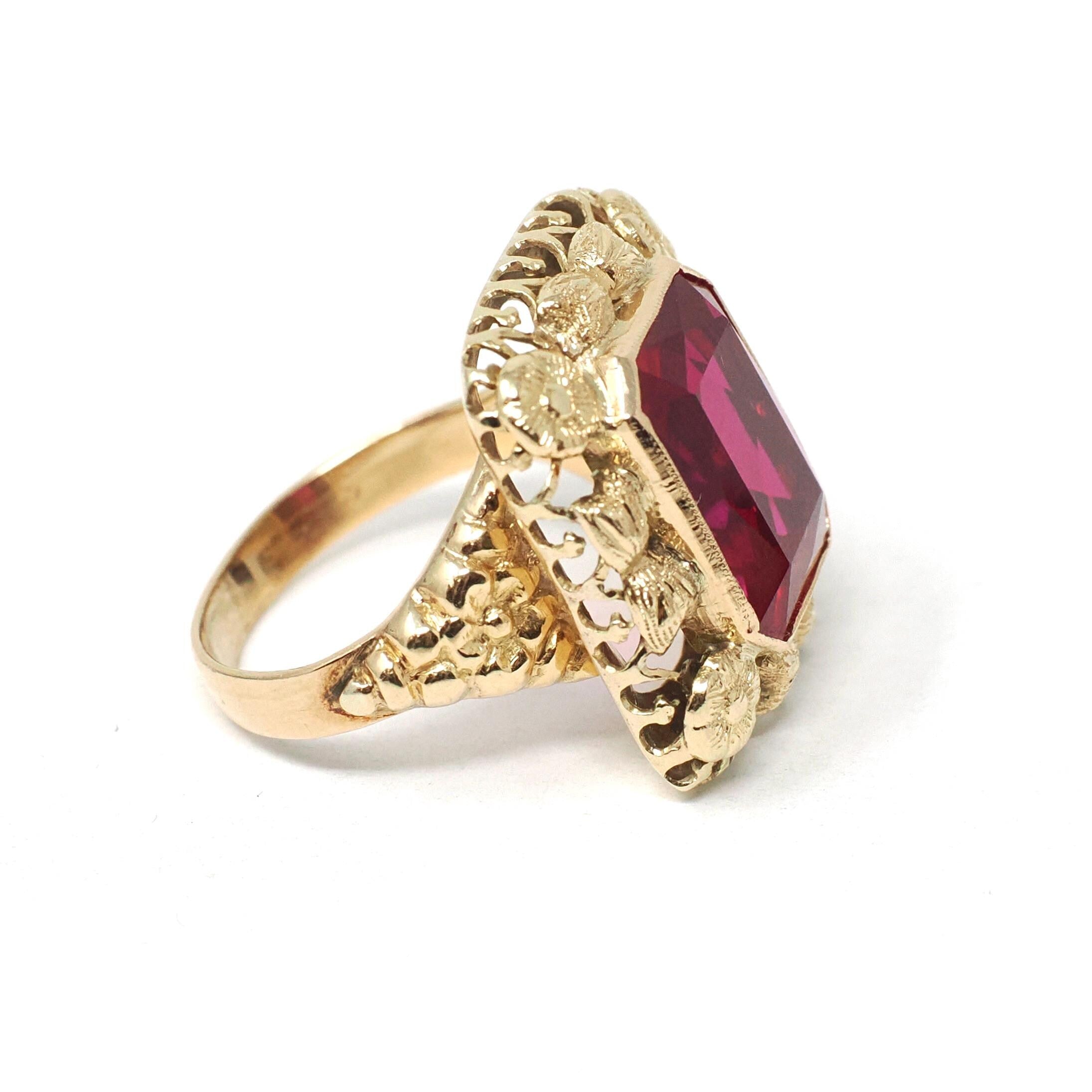 Vintage Created Ruby Ring - Retro 14k Yellow Gold French Cut Rectangular Red Gem Flower Statement - Circa 1940s Size 5 Floral Fine Jewelry