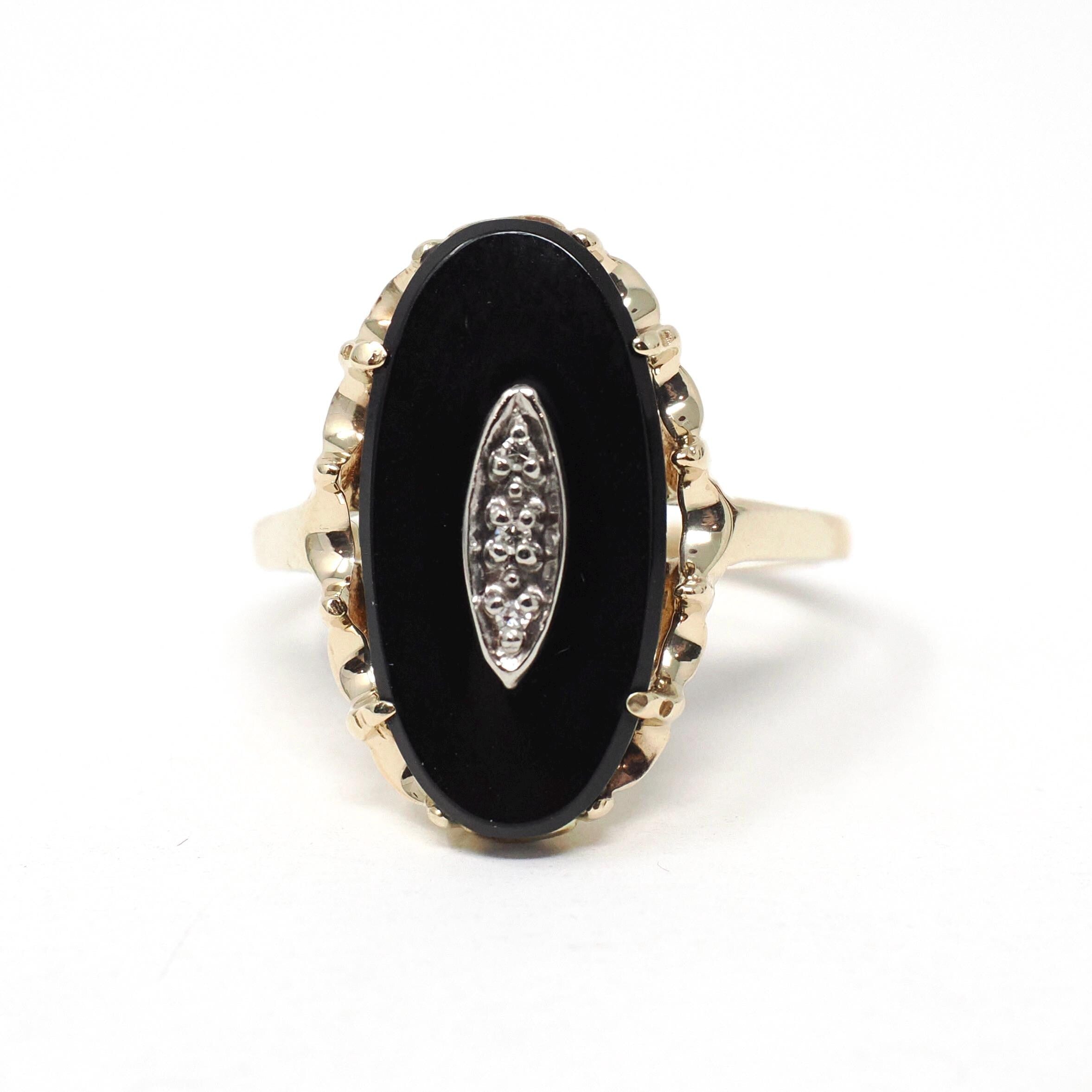 Vintage Onyx Ring - Mid Century 10k Yellow Gold Black Chalcedony & .02 CT Natural Diamond - Circa 1940s Era Size 8.5 Statement Fine Jewelry