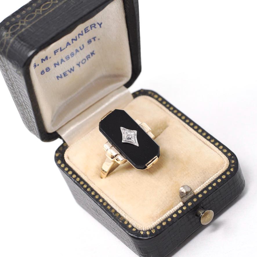 Vintage Onyx Ring - Mid Century 10k Yellow Gold Black Chalcedony & Natural Diamond - Circa 1940s Size 6 1/2 Statement Fine Two Tone Jewelry