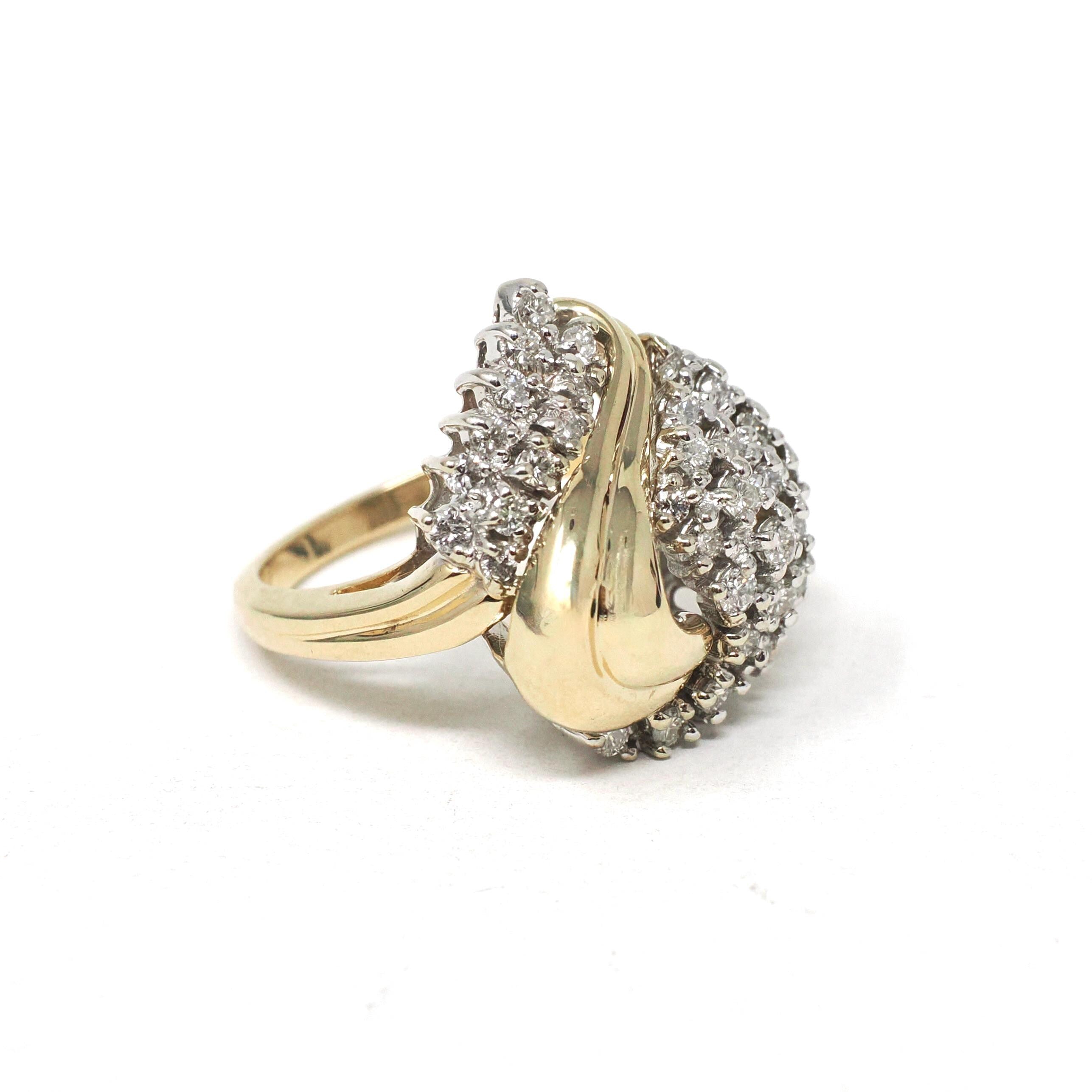 Diamond Cluster Ring - Retro Era 14k Yellow & White Gold .82 CTW Diamond Cocktail Statement - Vintage 1980s Size 7 1/2 Teardrop Fine Jewelry