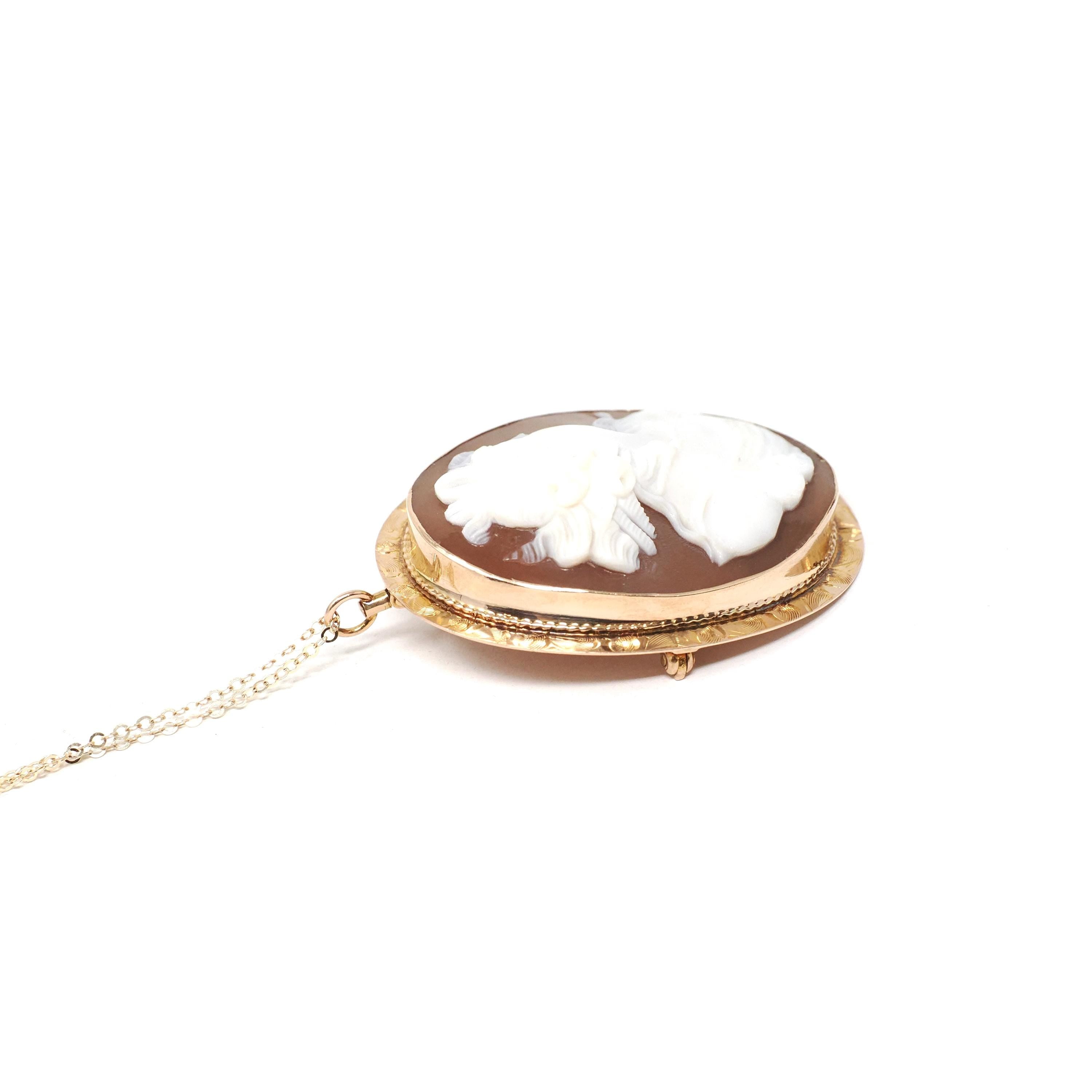 Edwardian Cameo Pendant - 10k Rose Gold Carved Brown Shell Oval Portrait Necklace Brooch Pin - Circa 1910s Era Fine Convertible Jewelry