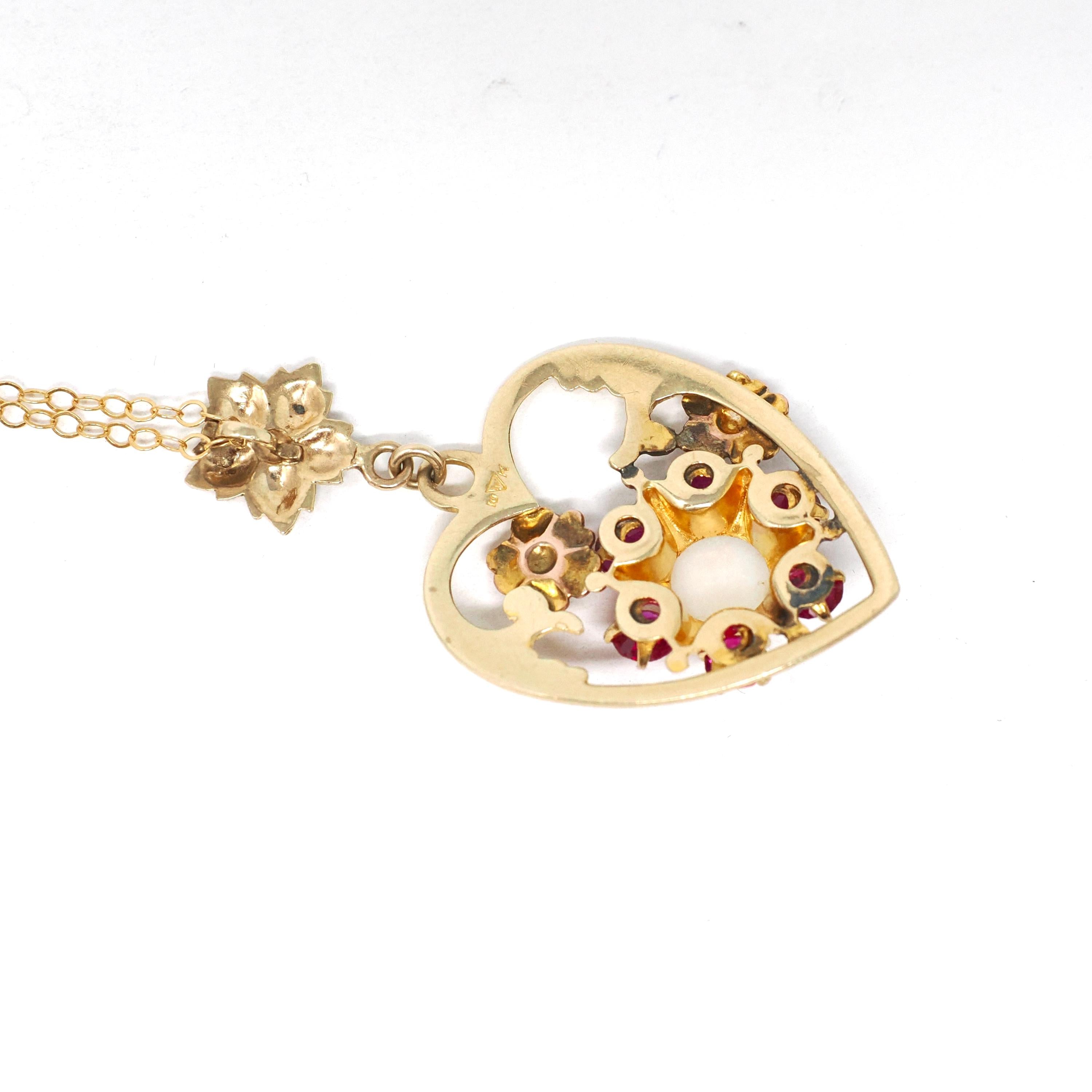 Gemstone Flower Heart Pendant - Mid Century 10k Yellow Rose Gold Opal Created Ruby Charm Necklace - Circa 1940s Era Fine Sweetheart Jewelry