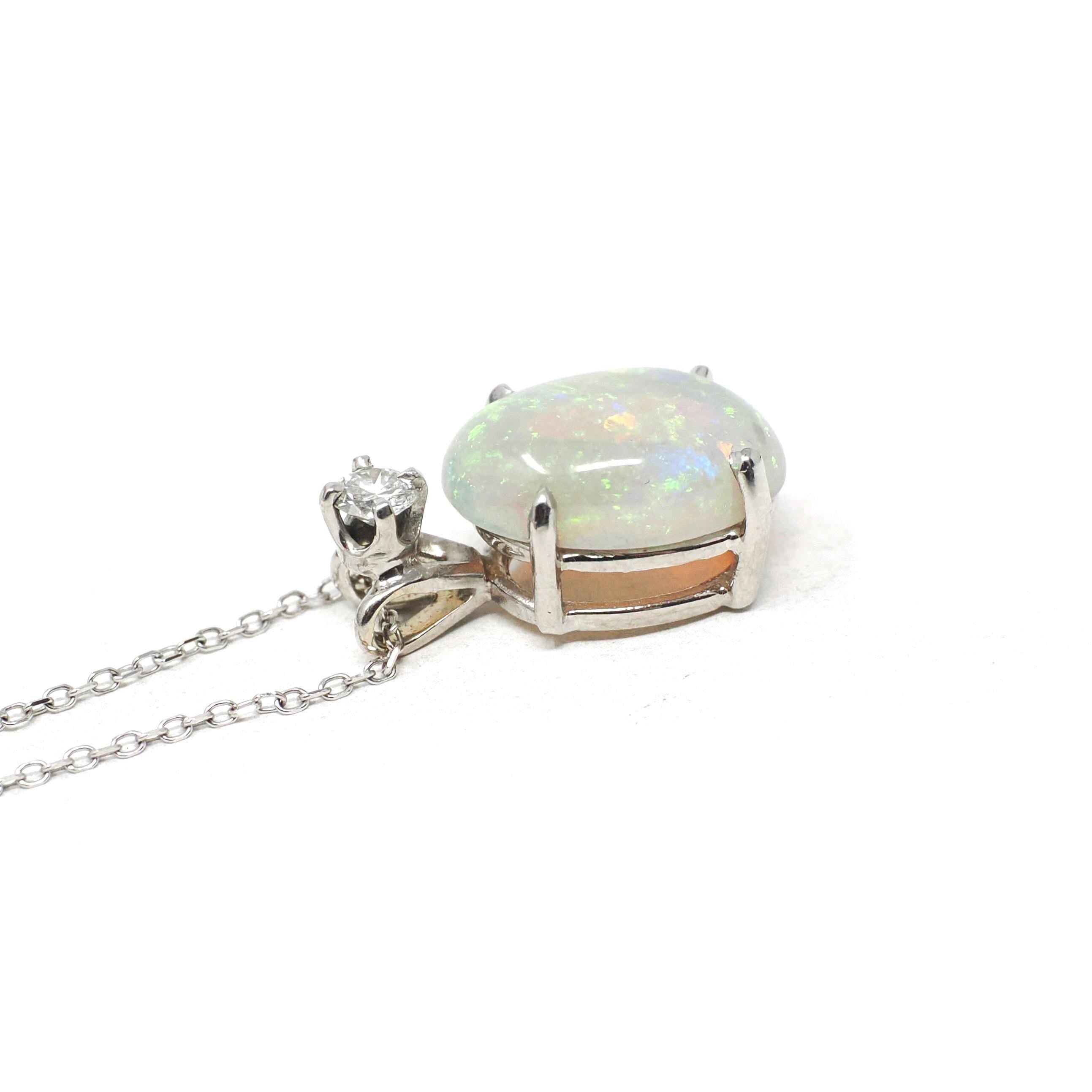 Opal & Diamond Pendant - Estate 14k White Gold Oval Cabochon Cut 2.26 CT Gem Necklace - Modern Circa 2000's October Birthstone Fine Jewelry