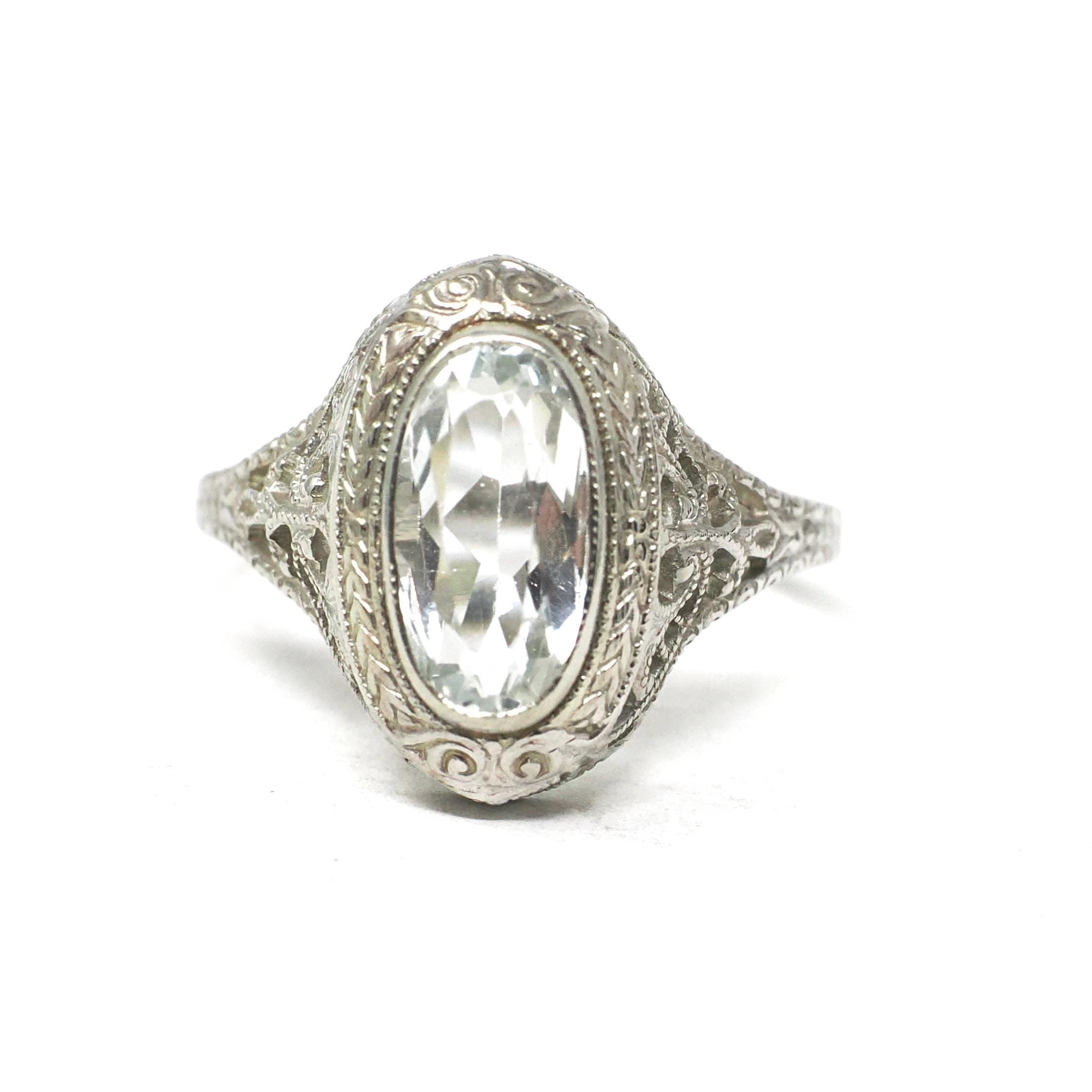 Vintage Aquamarine Ring - Art Deco 14k White Gold Oval Blue Bezel Gemstone Solitaire - Circa 1930s Size 6 Engagement Filigree Fine Jewelry