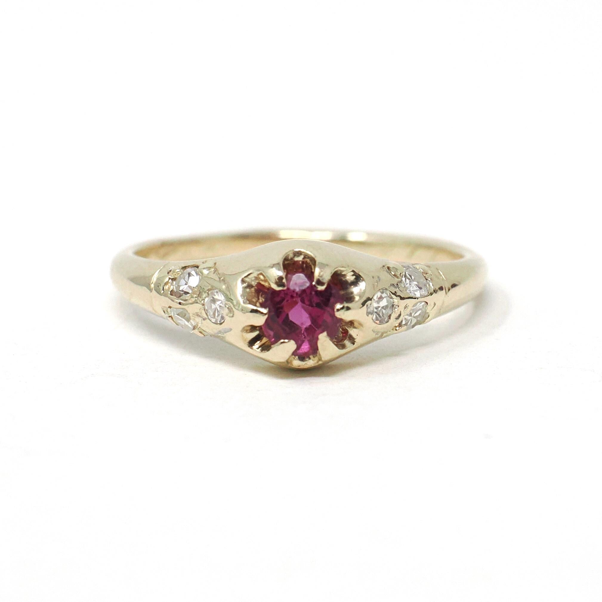 Vintage Ruby & Diamond Ring - Retro Era 14k Yellow Gold Natural Red Gemstone - Circa 1970s Size 6 Engagement Anniversary Fine Bridal Jewelry