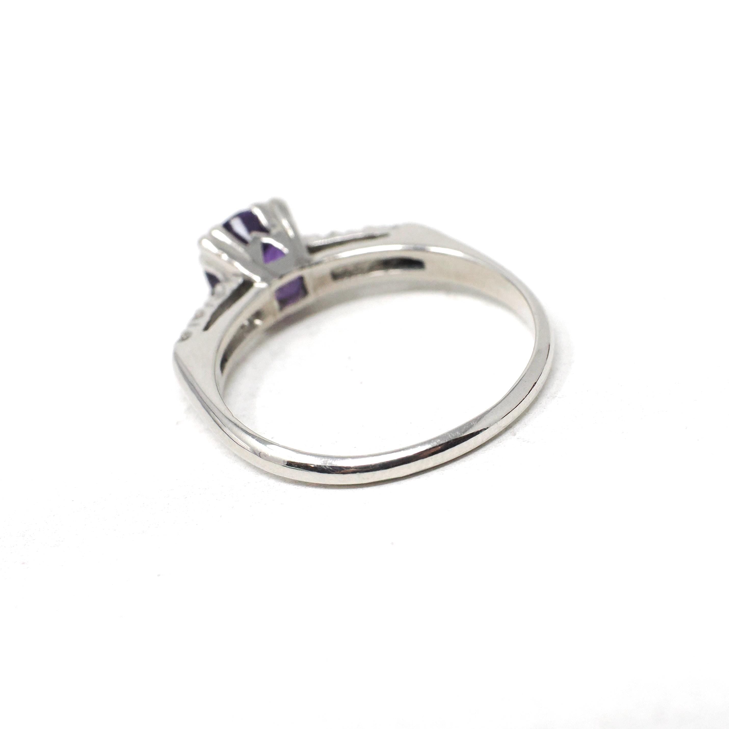 Mid Century Amethyst Ring - Vintage Platinum Natural Purple Gem & Diamonds - Circa 1950s Era Size 6 3/4 Alternative Engagement Fine Jewelry