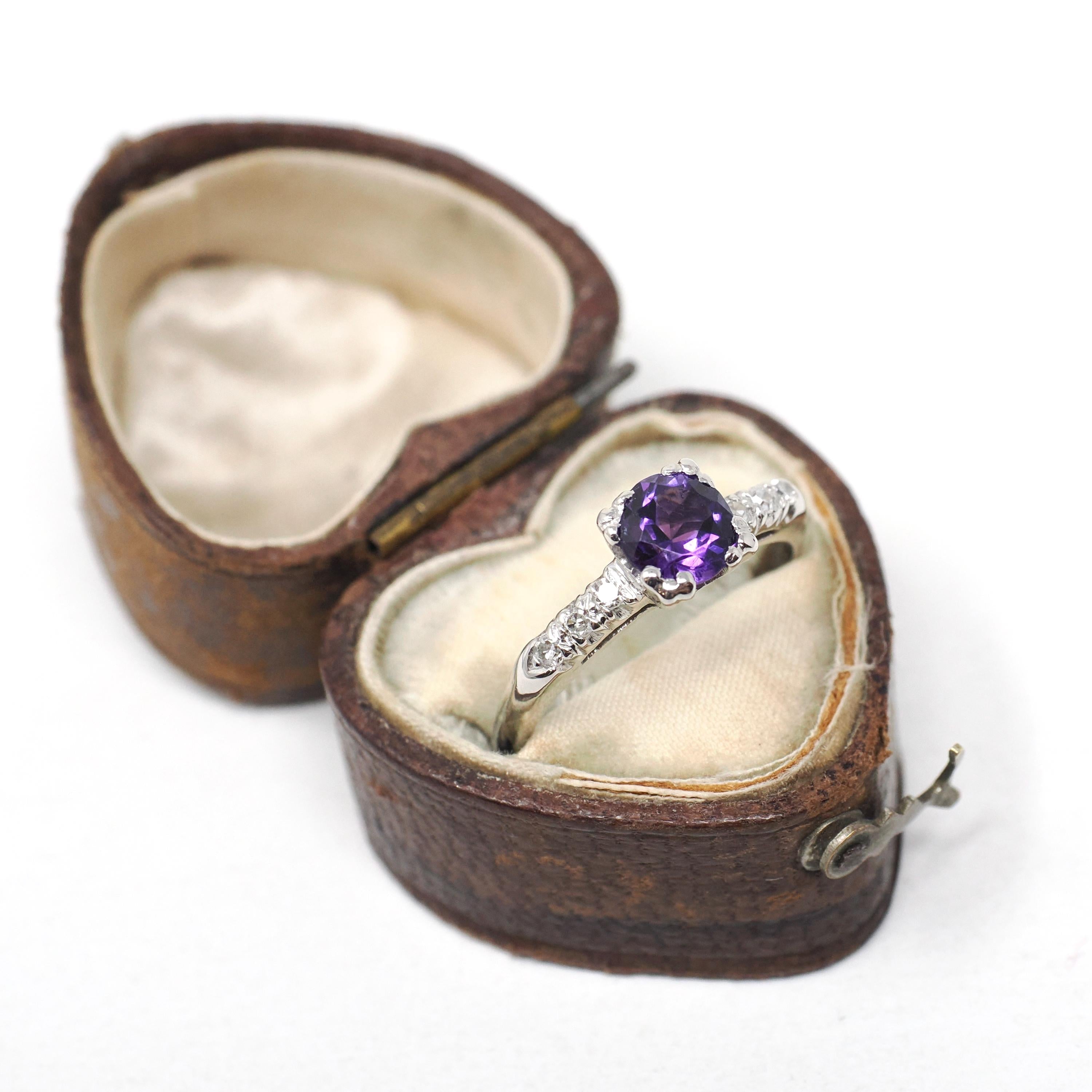 Mid Century Amethyst Ring - Vintage Platinum Natural Purple Gem & Diamonds - Circa 1950s Era Size 6 3/4 Alternative Engagement Fine Jewelry