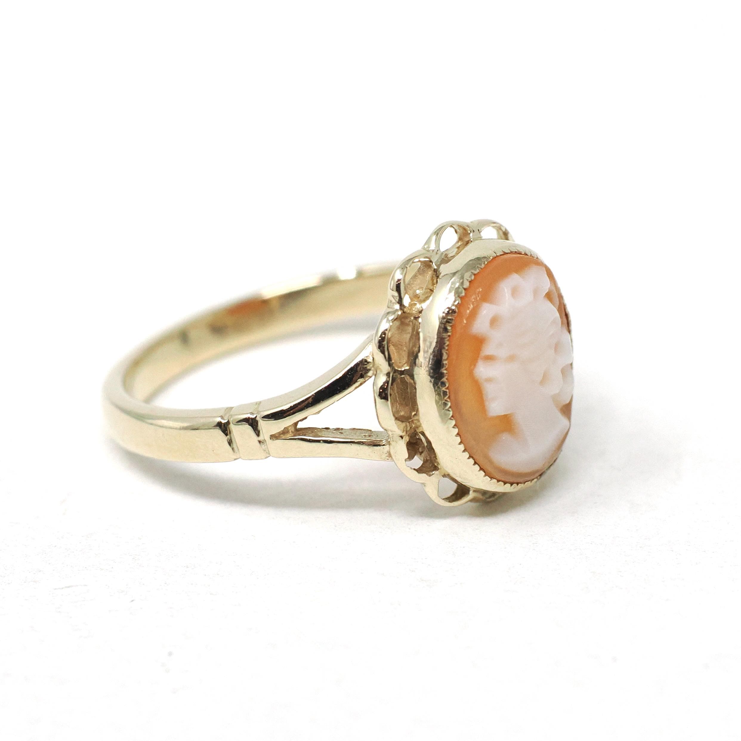 Vintage Cameo Ring - Retro 9k Yellow Gold Carved Natural Oval Shell Woman's Profile - Hallmarked 1976 Size 6 1/2 Scalloped Halo Fine Jewelry