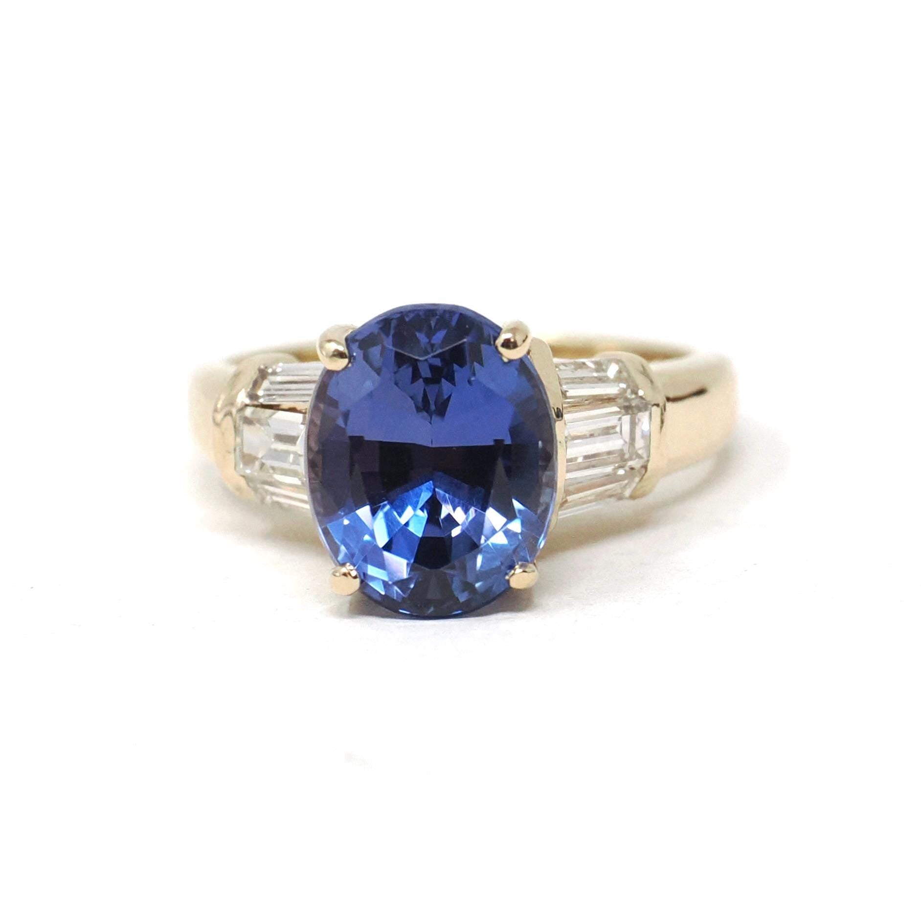 Tanzanite & Diamond Ring - Modern 14k Yellow Gold Natural Oval Purple Blue Gemstone - Estate Circa 2000's Size 4 1/4 Engagement Fine Jewelry