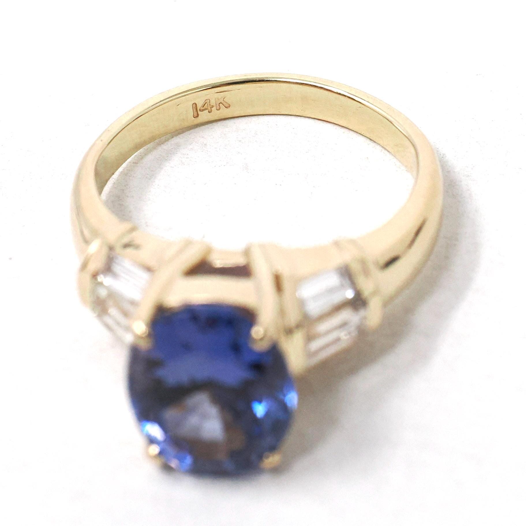 Tanzanite & Diamond Ring - Modern 14k Yellow Gold Natural Oval Purple Blue Gemstone - Estate Circa 2000's Size 4 1/4 Engagement Fine Jewelry
