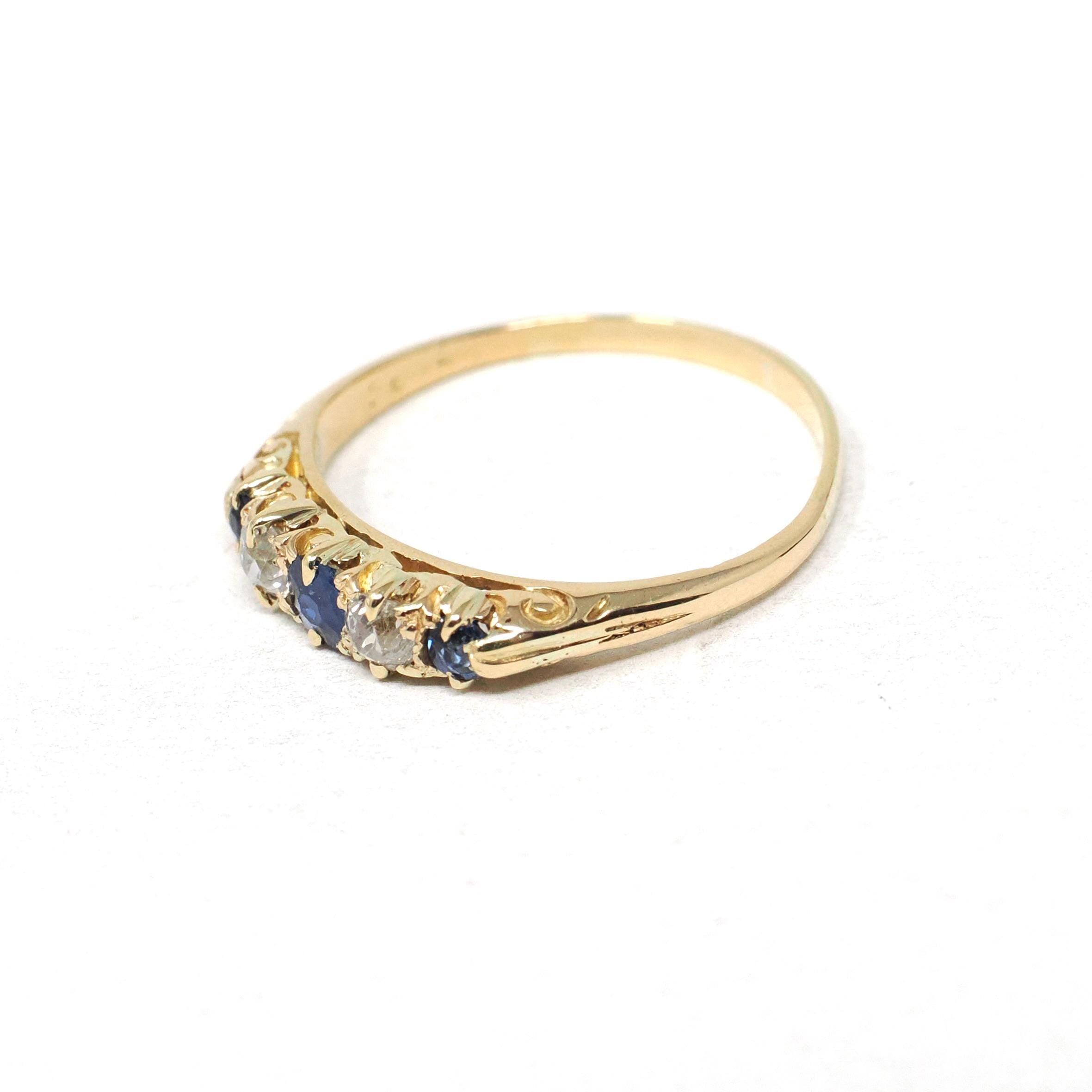 Antique Sapphire & Diamond Band - Edwardian 18k Yellow Gold Natural Blue Gem Wedding Stacking Ring - Vintage 1900s Size 6 1/4 Fine Jewelry