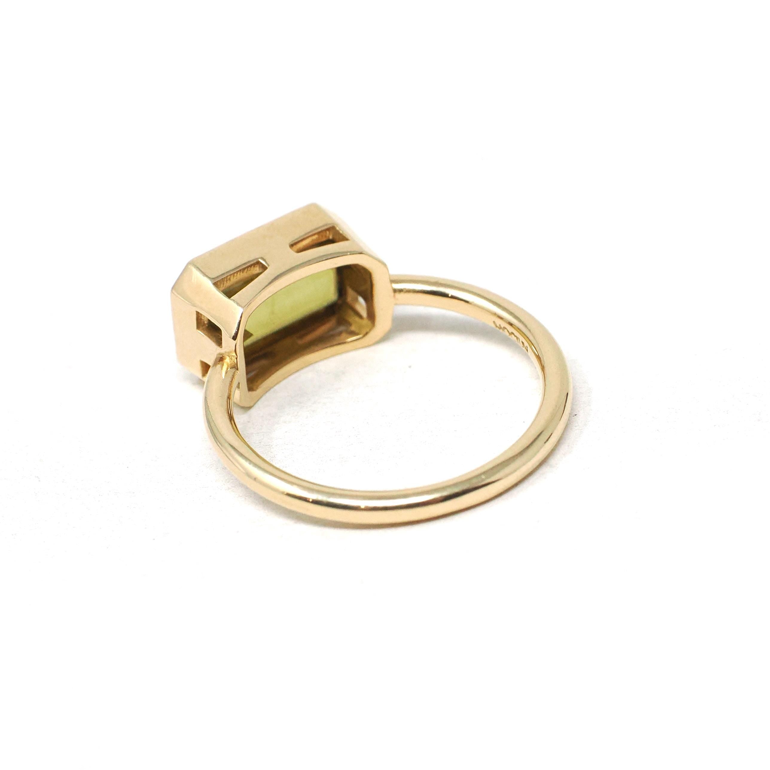 Modern Sphene Ring - 18k Yellow Gold Bezel Set Natural Green Gemstone - Size 6 Statement Fine Cocktail East West Fire Dispersion Jewelry