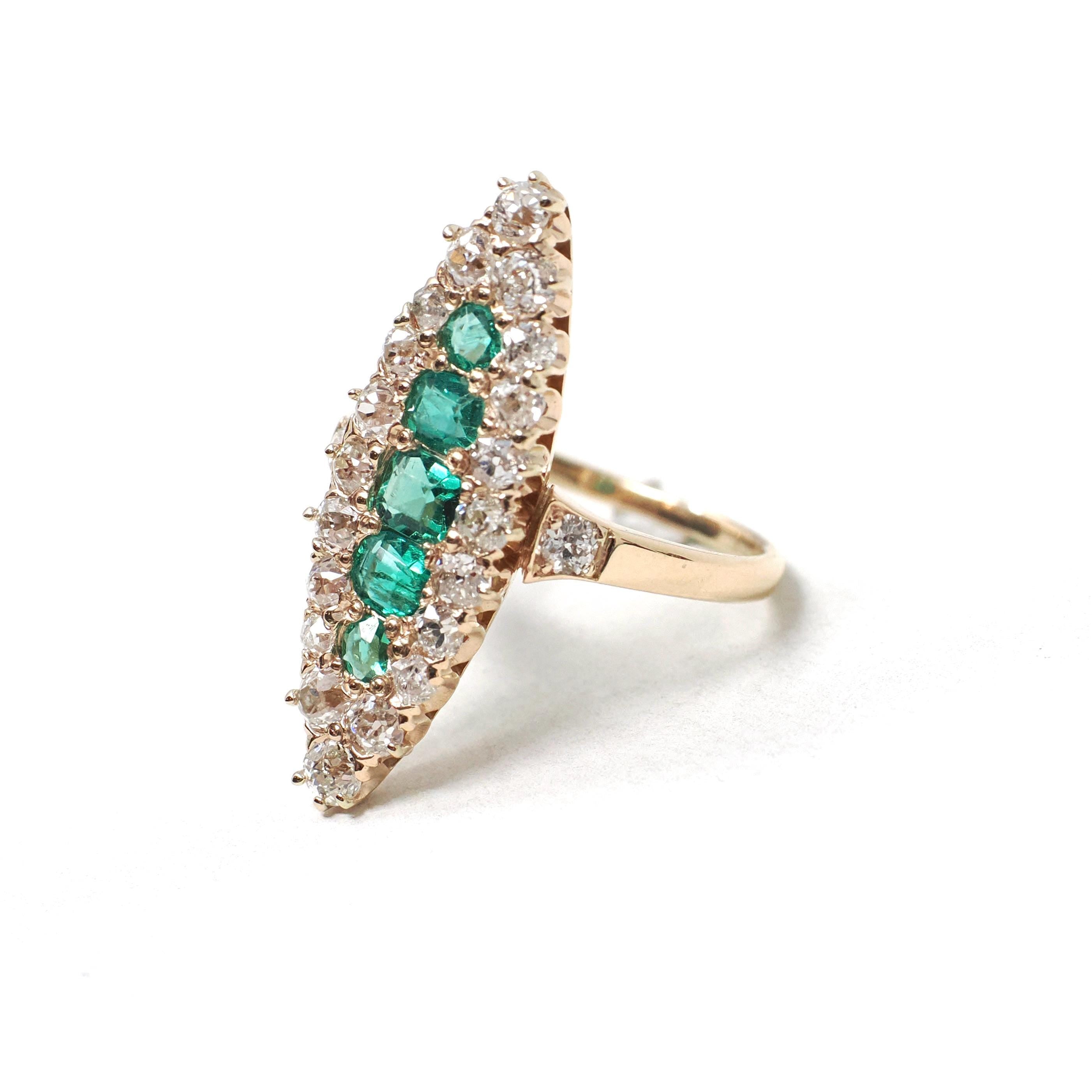 Antique Navette Ring - Edwardian 14k Yellow Gold Handmade Natural Green Emeralds & Diamonds - Circa 1900 Size 4 1/4 Engagement Fine Jewelry