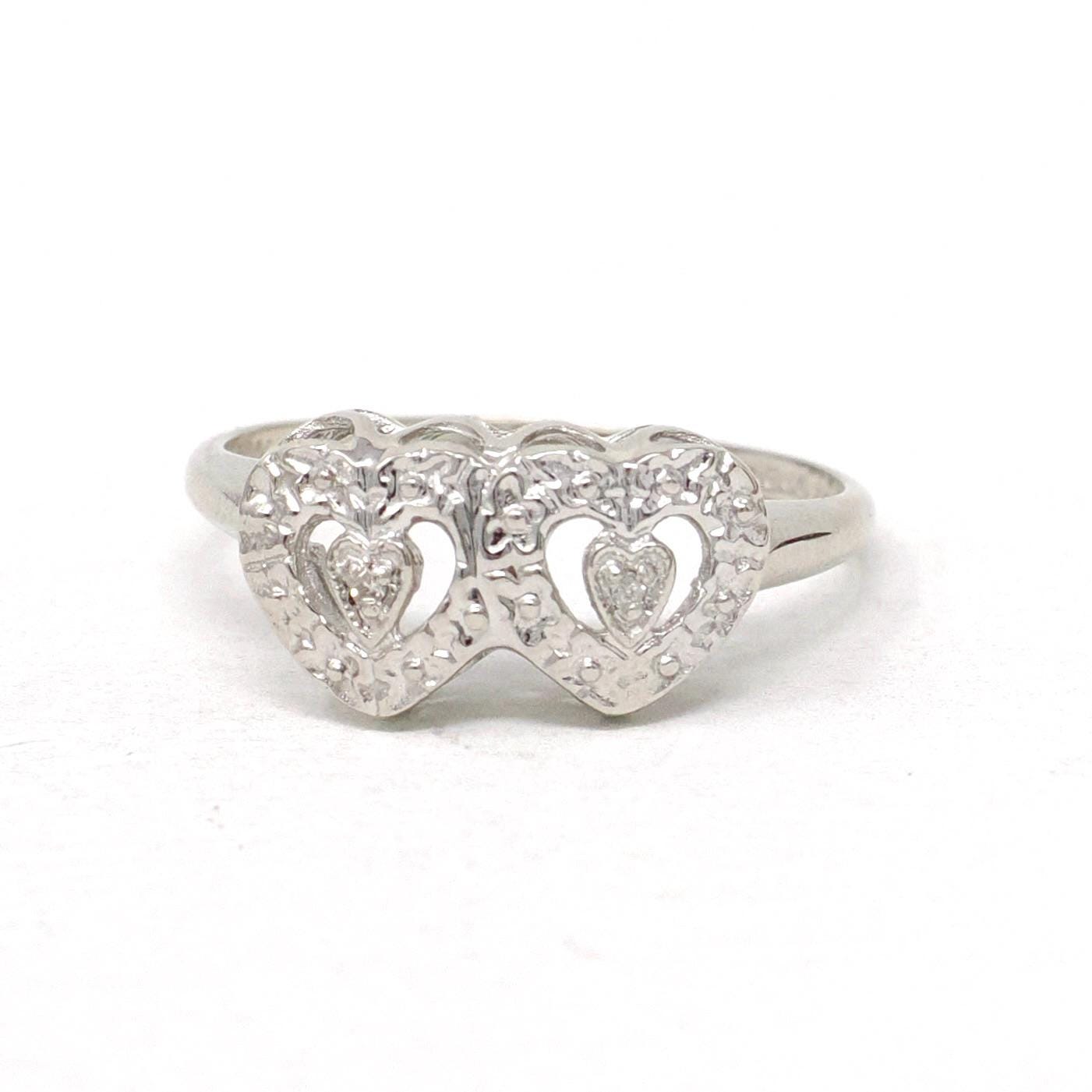 Double Heart Ring - Mid Century 10k White Gold Sweetheart Promise Love - Vintage Circa 1950s Era Size 6 Natural Diamonds Fine Jewelry