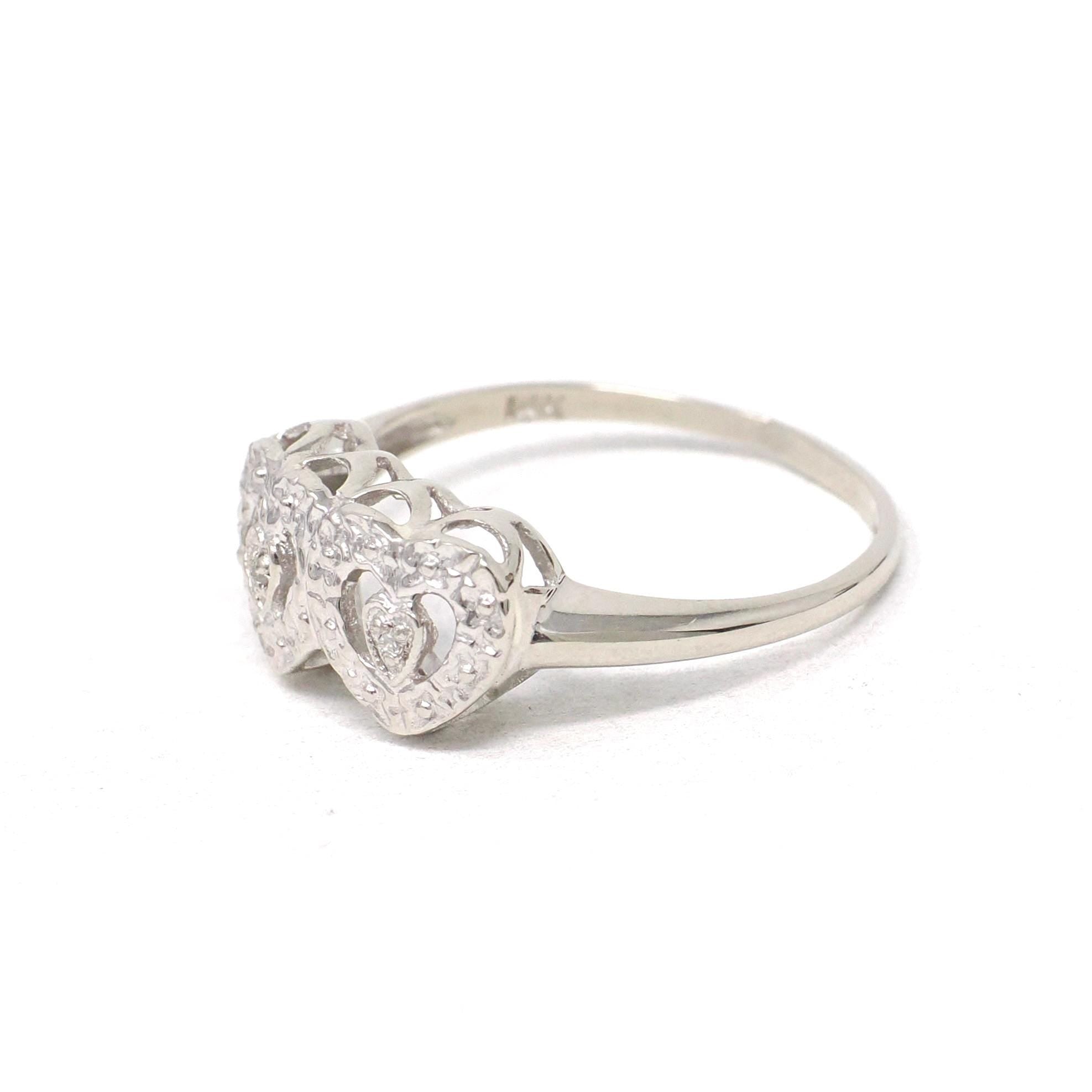 Double Heart Ring - Mid Century 10k White Gold Sweetheart Promise Love - Vintage Circa 1950s Era Size 6 Natural Diamonds Fine Jewelry
