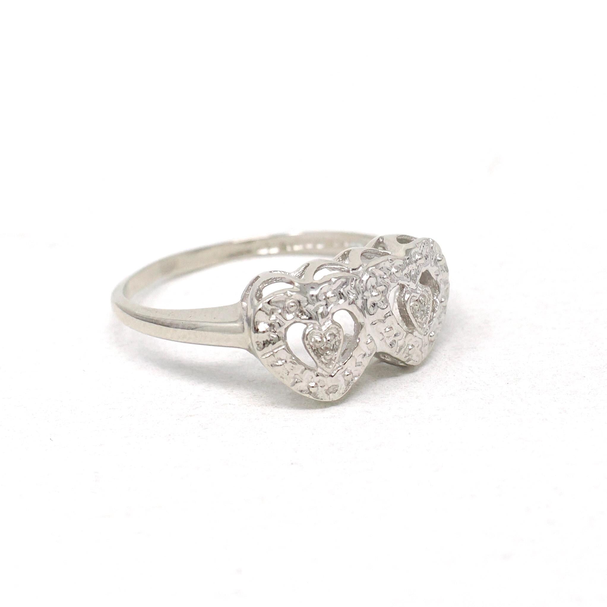 Double Heart Ring - Mid Century 10k White Gold Sweetheart Promise Love - Vintage Circa 1950s Era Size 6 Natural Diamonds Fine Jewelry