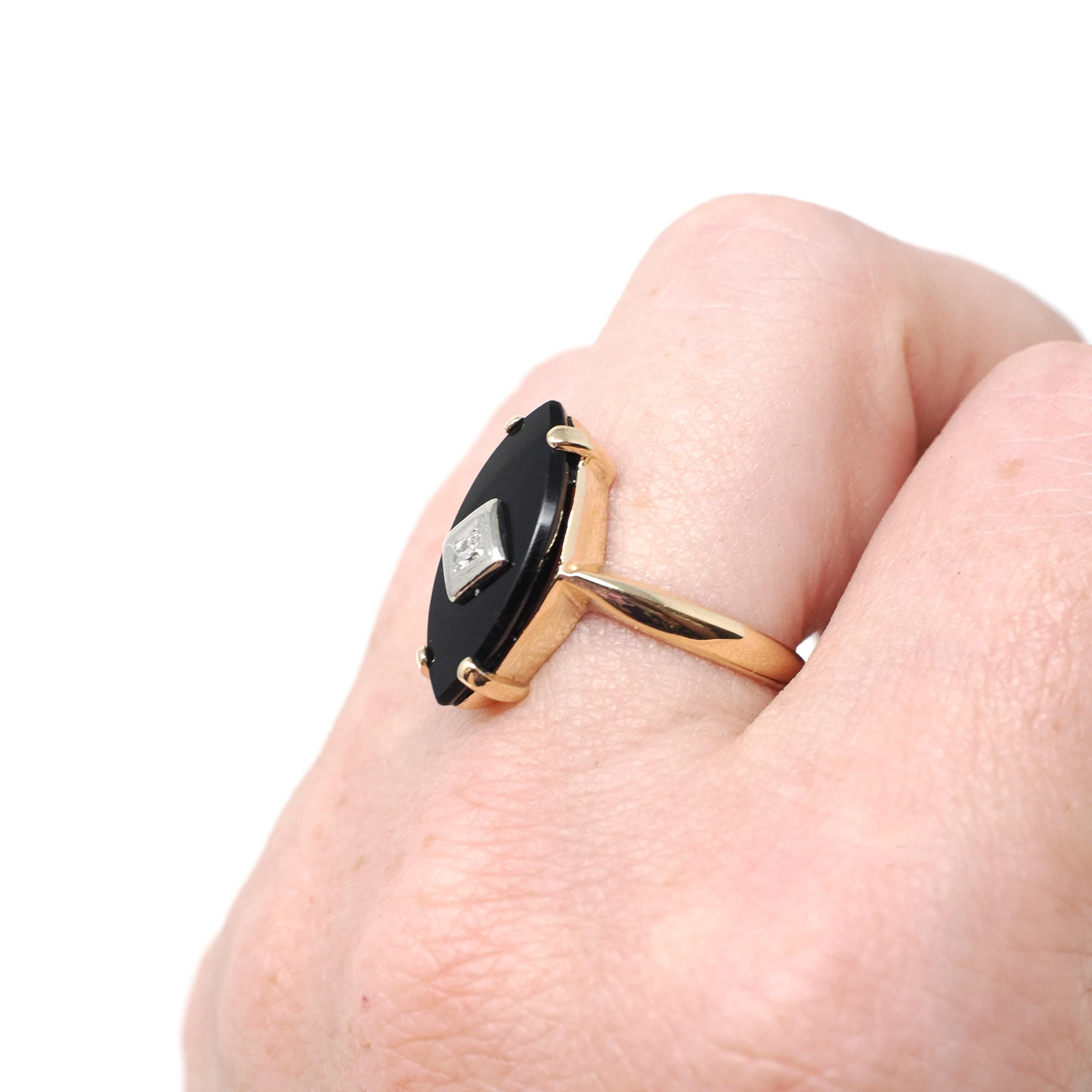 Vintage Onyx Ring - Mid Century 14k Yellow Gold Marquise Black Chalcedony Natural Diamond - Circa 1960s Size 5 3/4 Statement Fine Jewelry