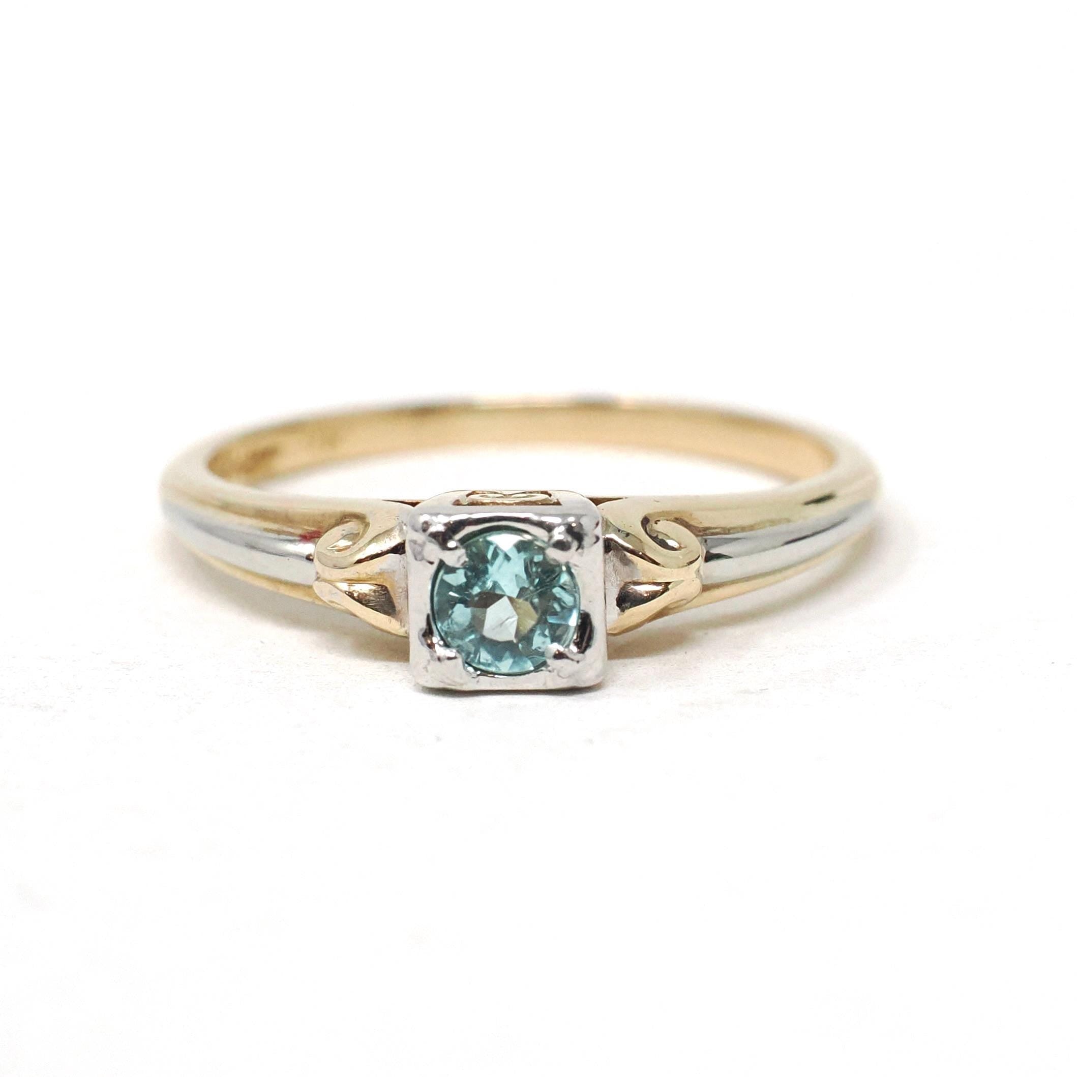 Vintage Paraiba Tourmaline Ring - Mid Century 14k Yellow & 18k White Gold Two Tone Engagement Solitaire - Circa 1940s Era Size 6 1/4 Jewelry