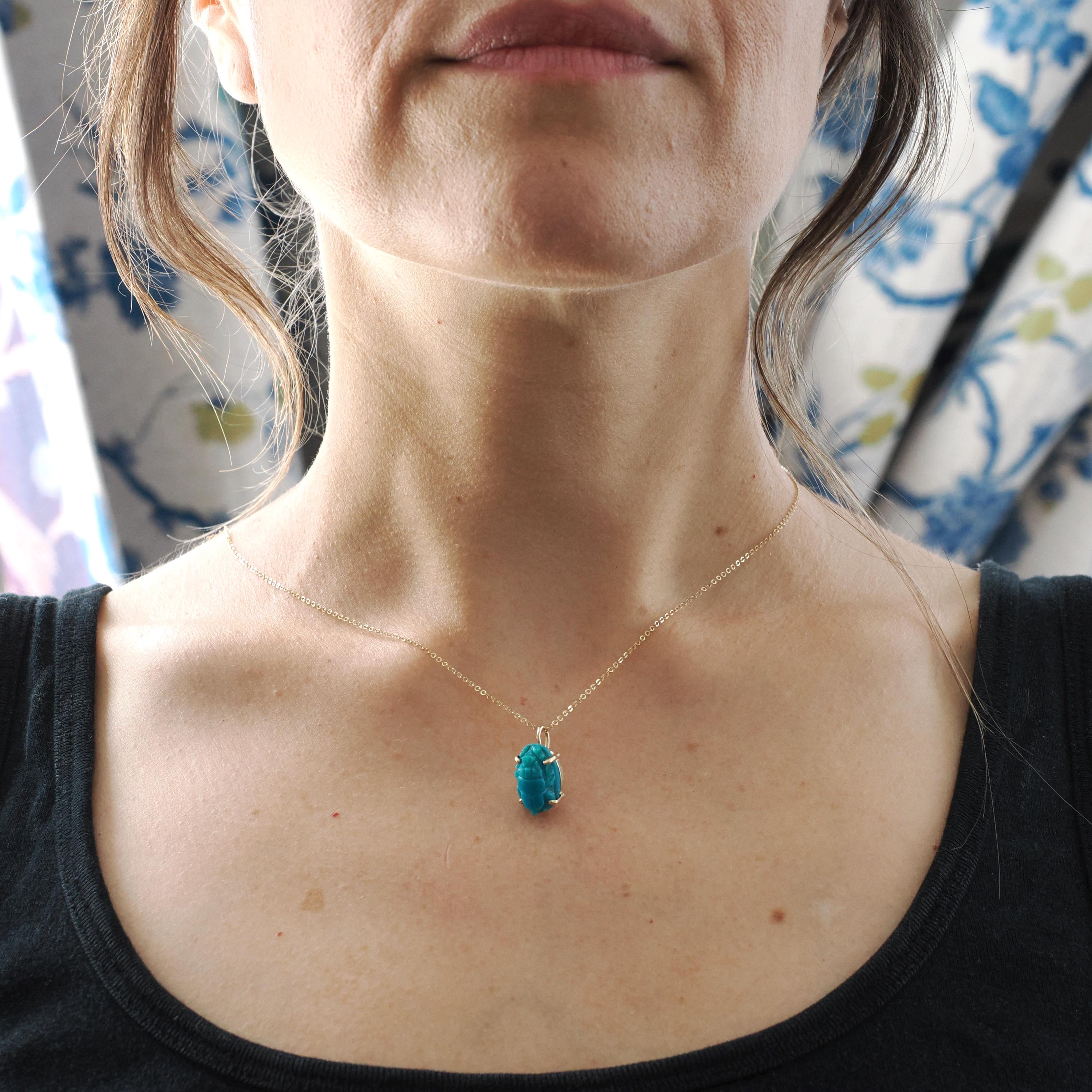 Turquoise Scarab Charm - 14k Yellow Gold Carved Bug Pendant Necklace - Egyptian Revival 1960s Era Fine Protection Statement Jewelry