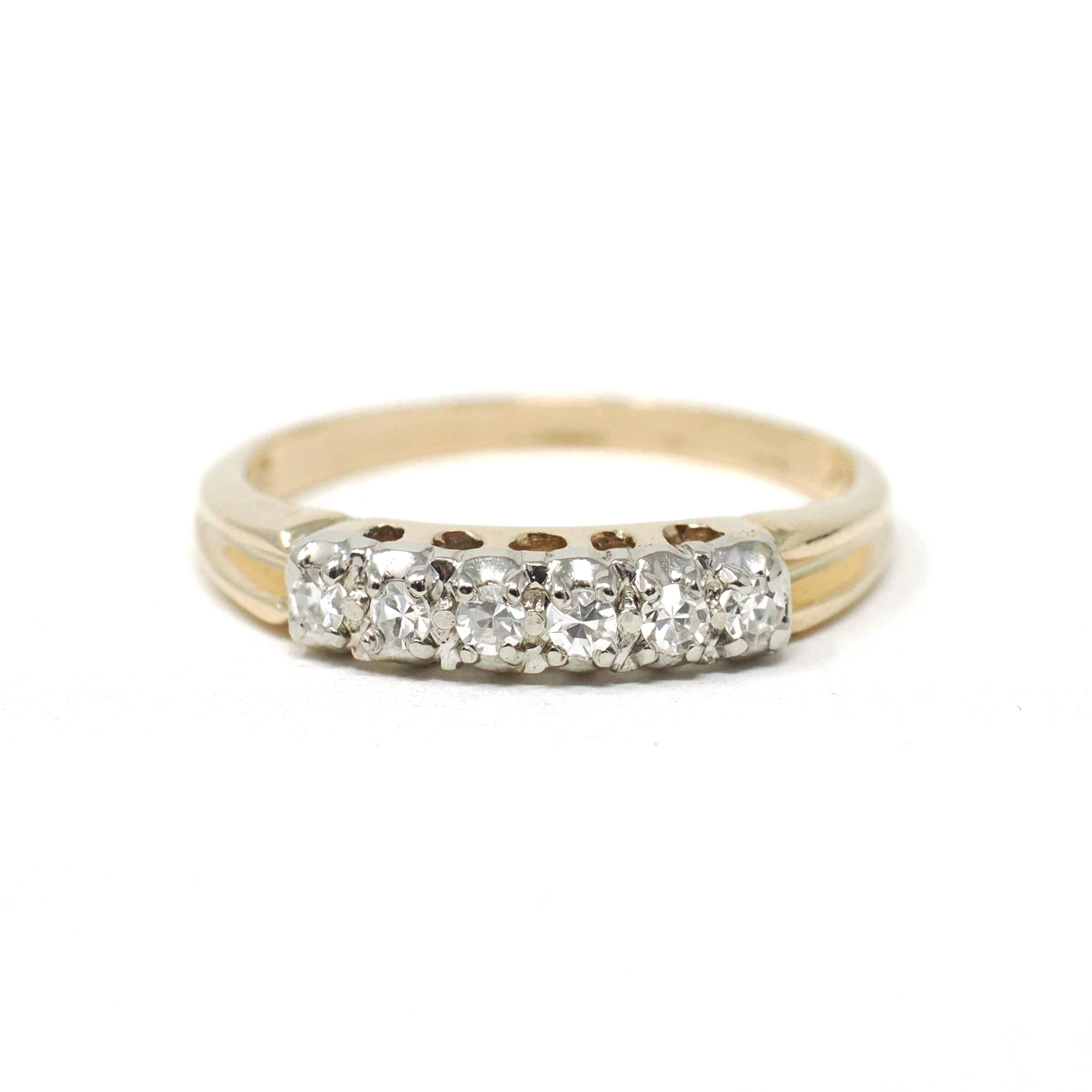 Vintage Wedding Ring - Mid Century 14k Yellow & White Gold Natural 0.10 CTW Diamond Band - Circa 1950s Size 6 Two Tone Fine Bridal Jewelry