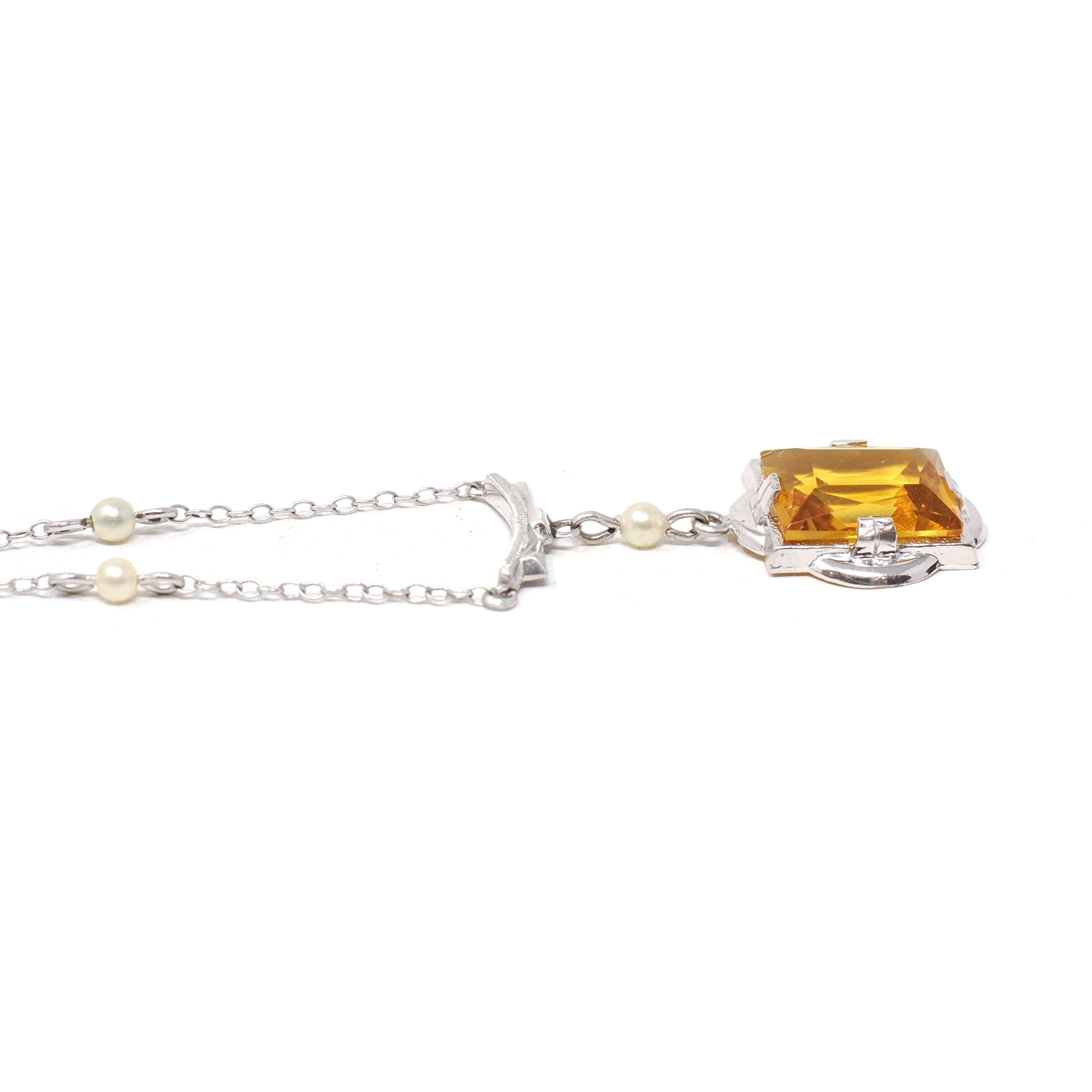 Art Deco Lavalier Necklace - Vintage 10k White Gold Simulated Yellow Sapphire Pearl Pendant Charm - Circa 1930s Era Glass Gems Fine Jewelry