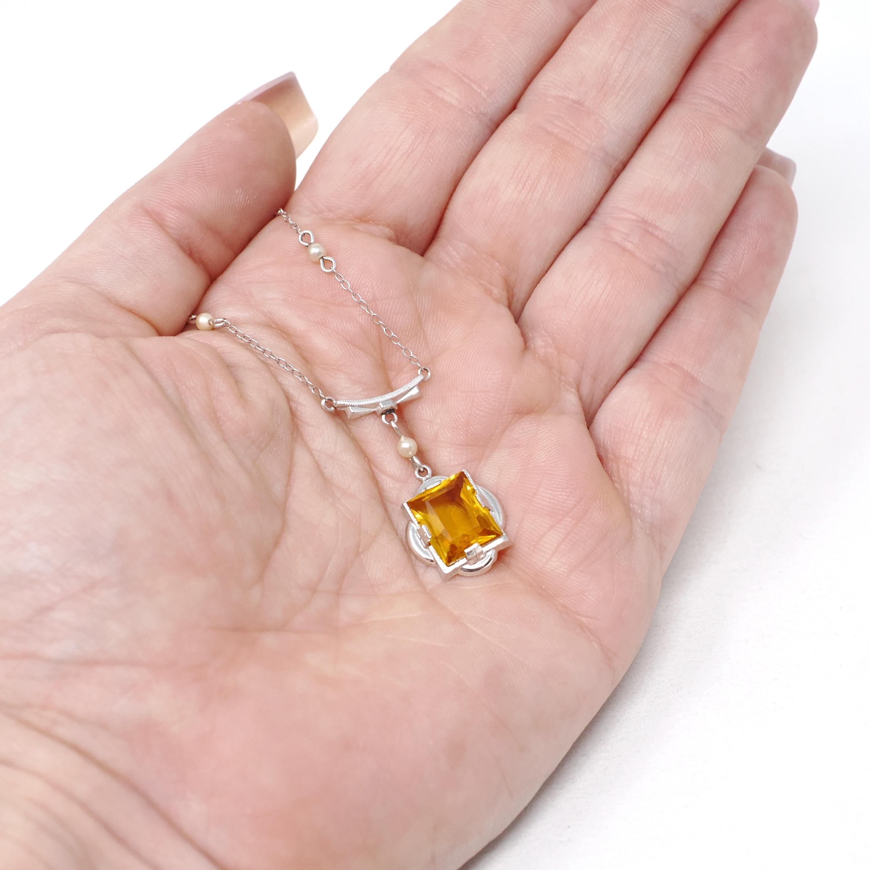 Art Deco Lavalier Necklace - Vintage 10k White Gold Simulated Yellow Sapphire Pearl Pendant Charm - Circa 1930s Era Glass Gems Fine Jewelry