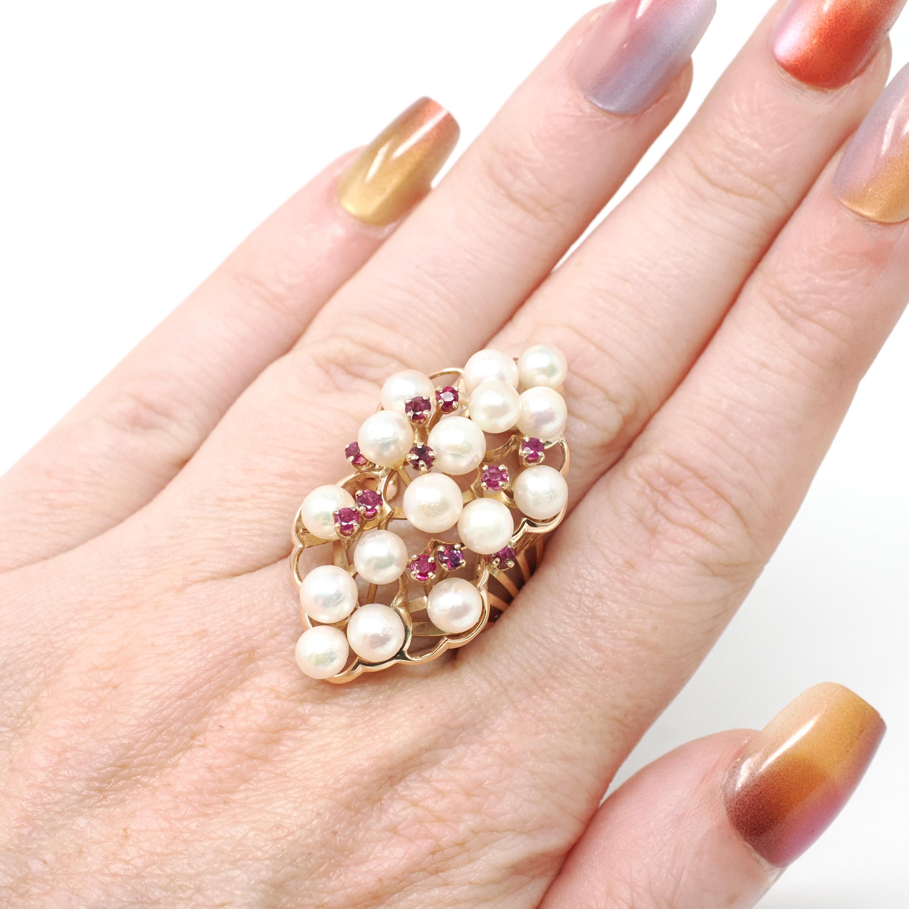 Pearl & Ruby Cluster Ring - Retro Era 14k Yellow Gold Organic Cultured And Red Corundum Gems - Circa 1970s Era Size 6 Statement Fine Jewelry