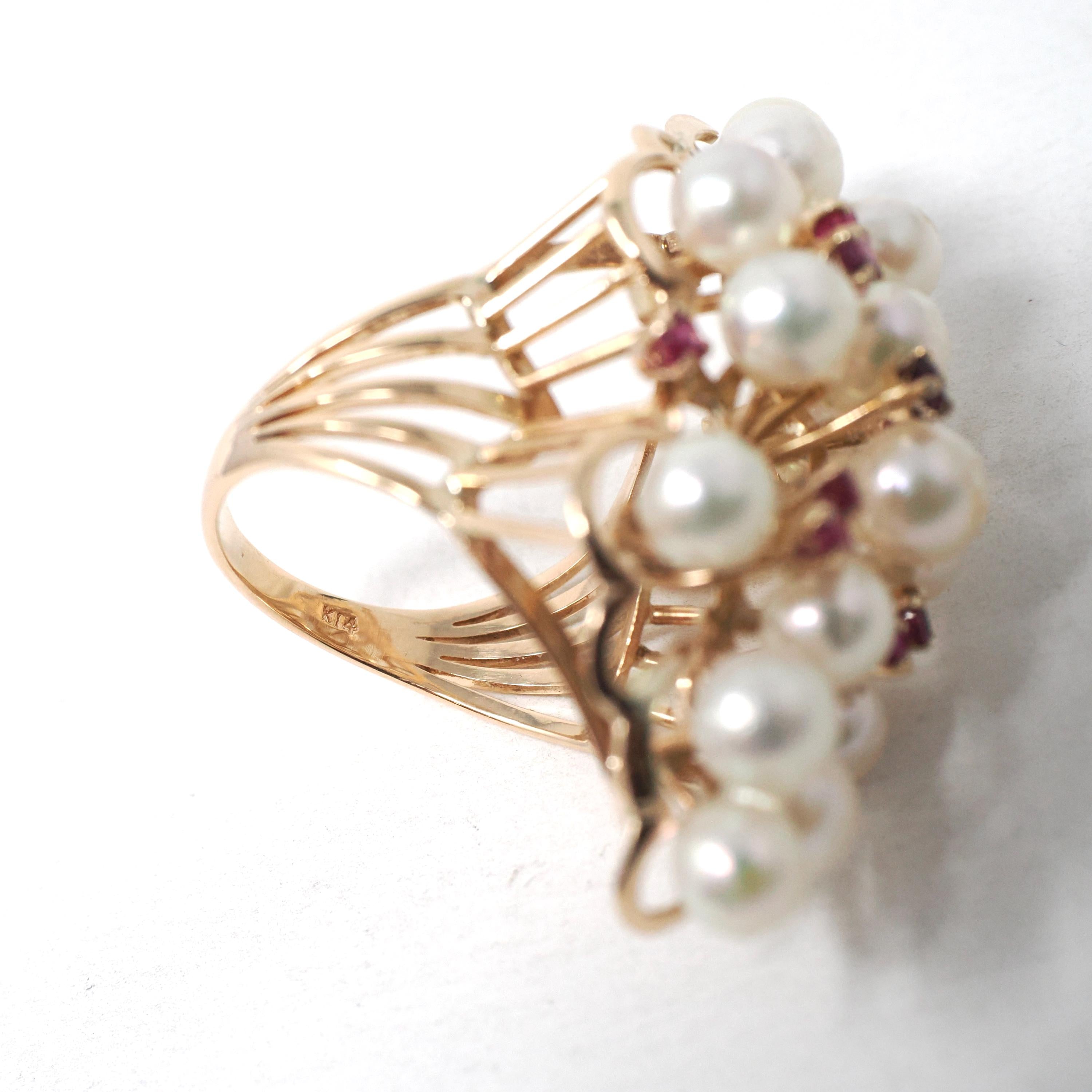 Pearl & Ruby Cluster Ring - Retro Era 14k Yellow Gold Organic Cultured And Red Corundum Gems - Circa 1970s Era Size 6 Statement Fine Jewelry