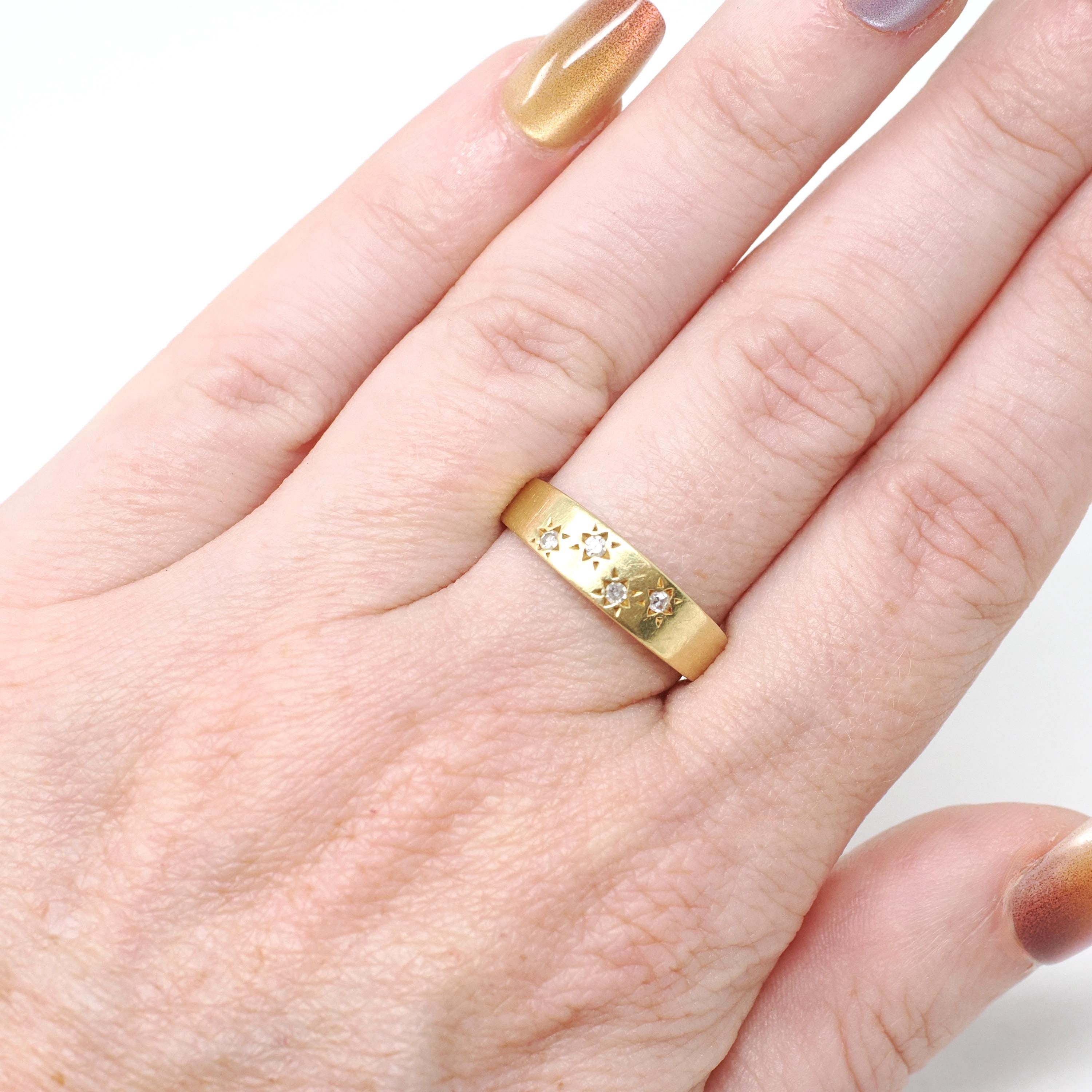 Star Incised Band - Modern 18k Yellow Gold .08 CTW Natural Diamond Ring - Estate Contemporary Celestial Size 7 1/4 Fine Bridal Jewelry