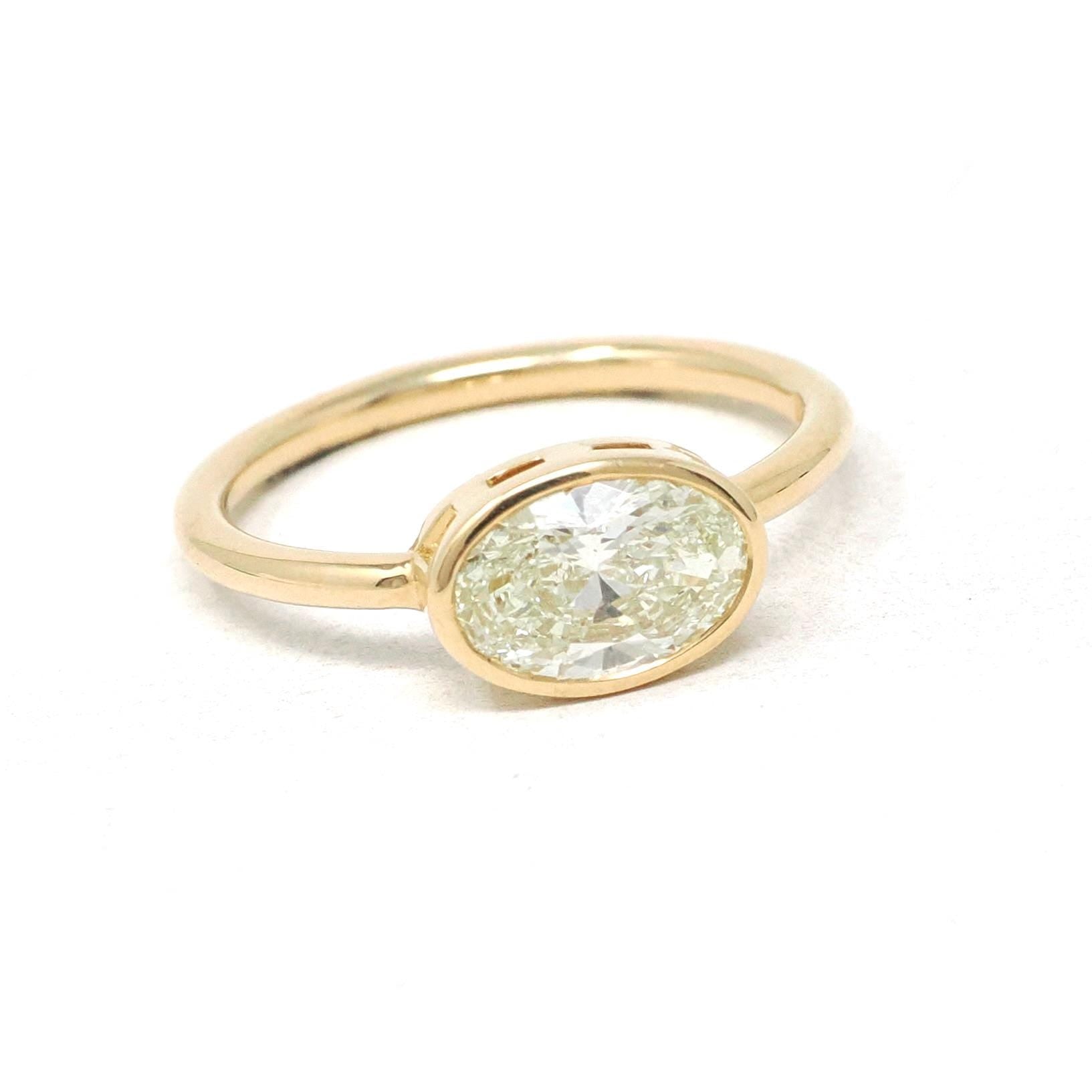 East-to-West Diamond Ring - 18k Yellow Gold Bezel Set 1.12 CT Natural Oval Brilliant Cut Solitaire - Modern Minimalist Size 6 Fine Jewelry