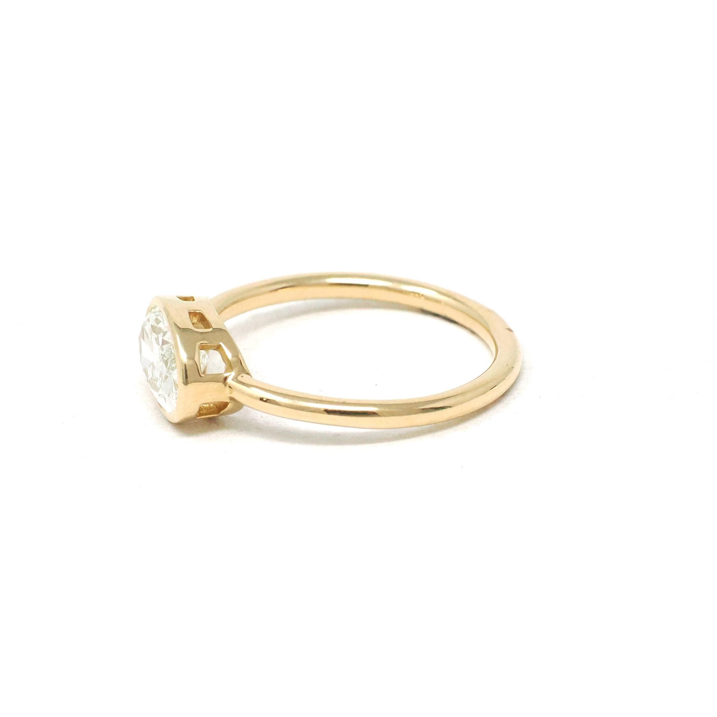 East-to-West Diamond Ring - 18k Yellow Gold Bezel Set 1.12 CT Natural Oval Brilliant Cut Solitaire - Modern Minimalist Size 6 Fine Jewelry