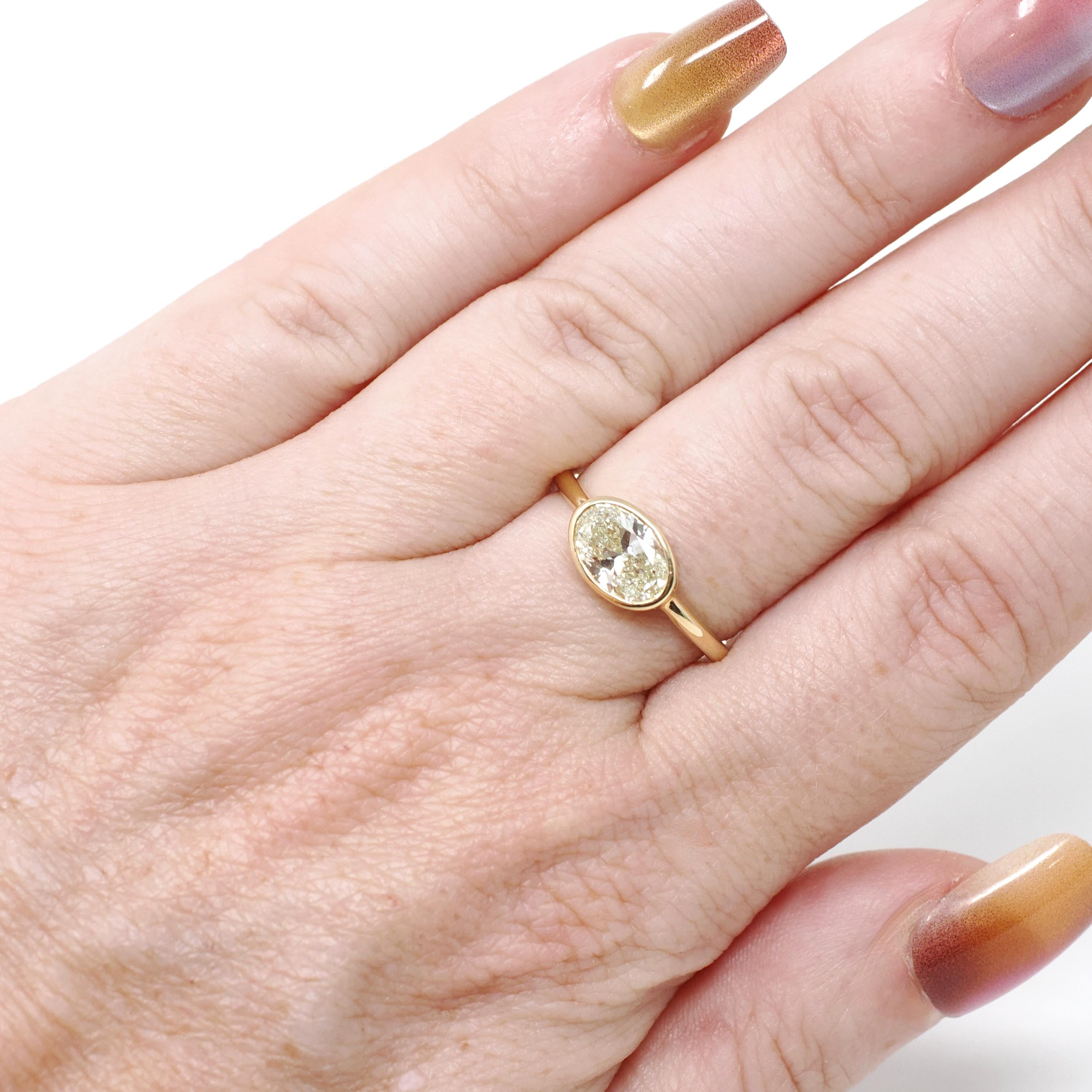 East-to-West Diamond Ring - 18k Yellow Gold Bezel Set 1.12 CT Natural Oval Brilliant Cut Solitaire - Modern Minimalist Size 6 Fine Jewelry