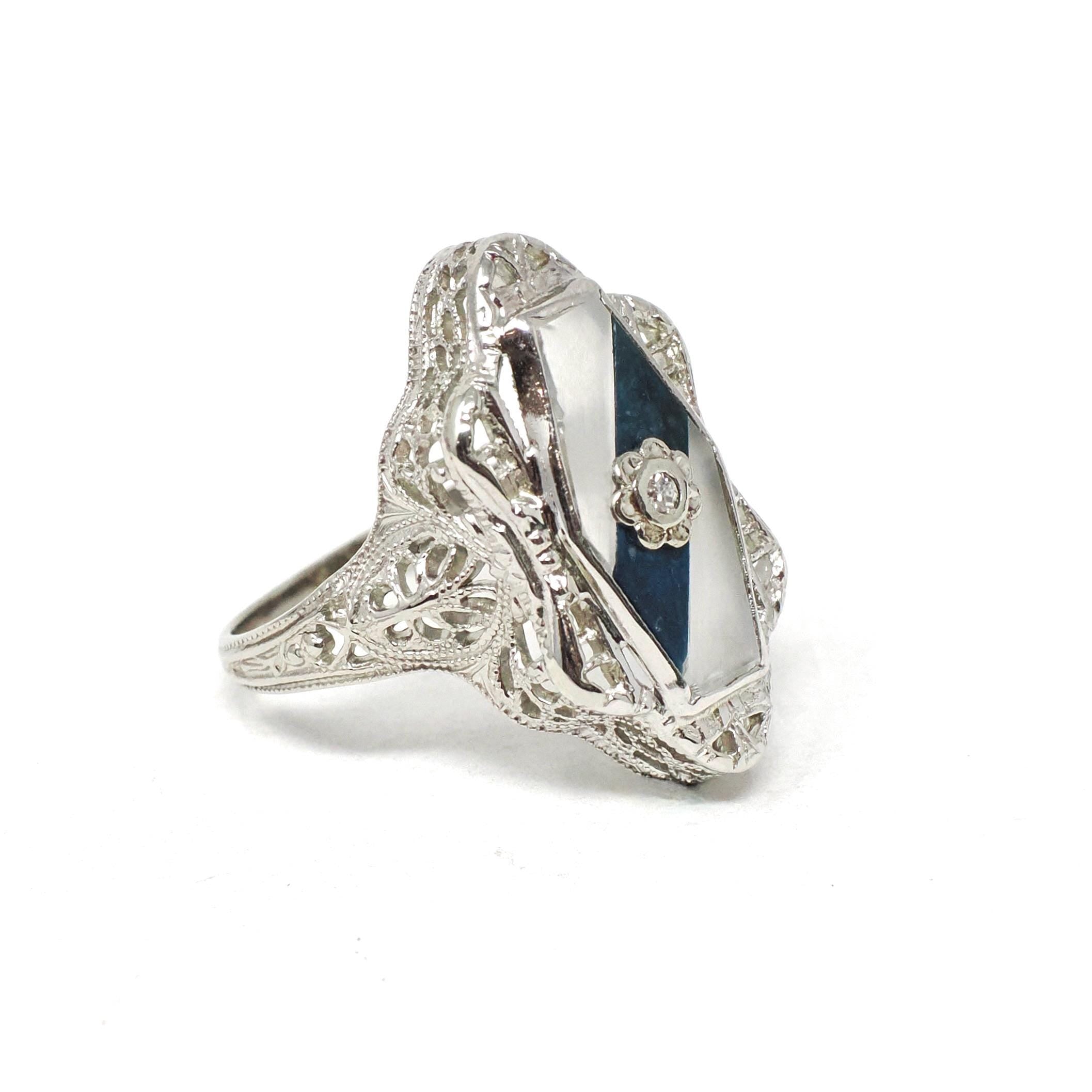Rock Crystal Quartz Ring - Art Deco 14k White Gold Natural Diamond Gemstone - Vintage Circa 1930 Size 6 Filigree Ostby Barton Fine Jewelry