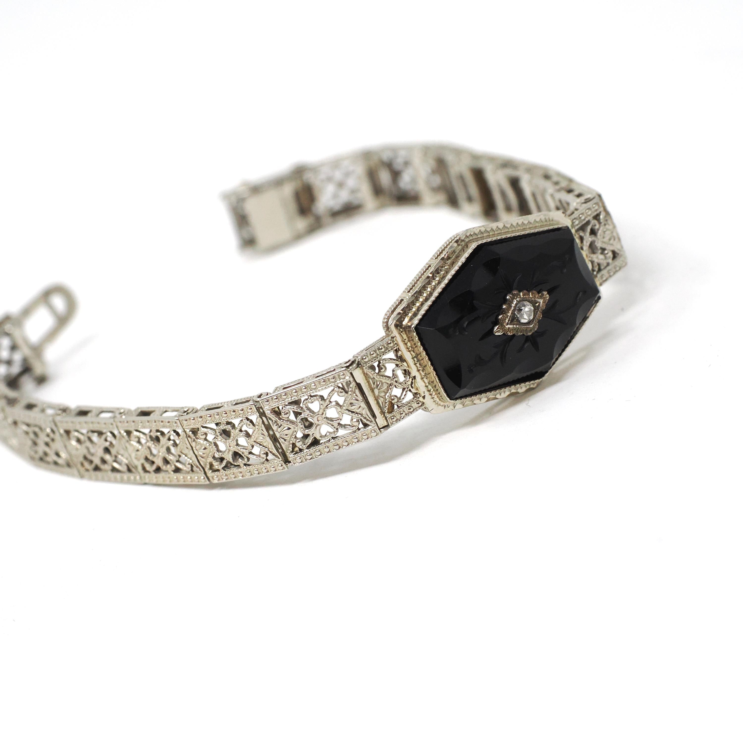 Art Deco Onyx Bracelet - Antique 10k White Gold Filigree Carved Black Chalcedony Natural Diamond Statement - Vintage Circa 1920s Era Jewelry