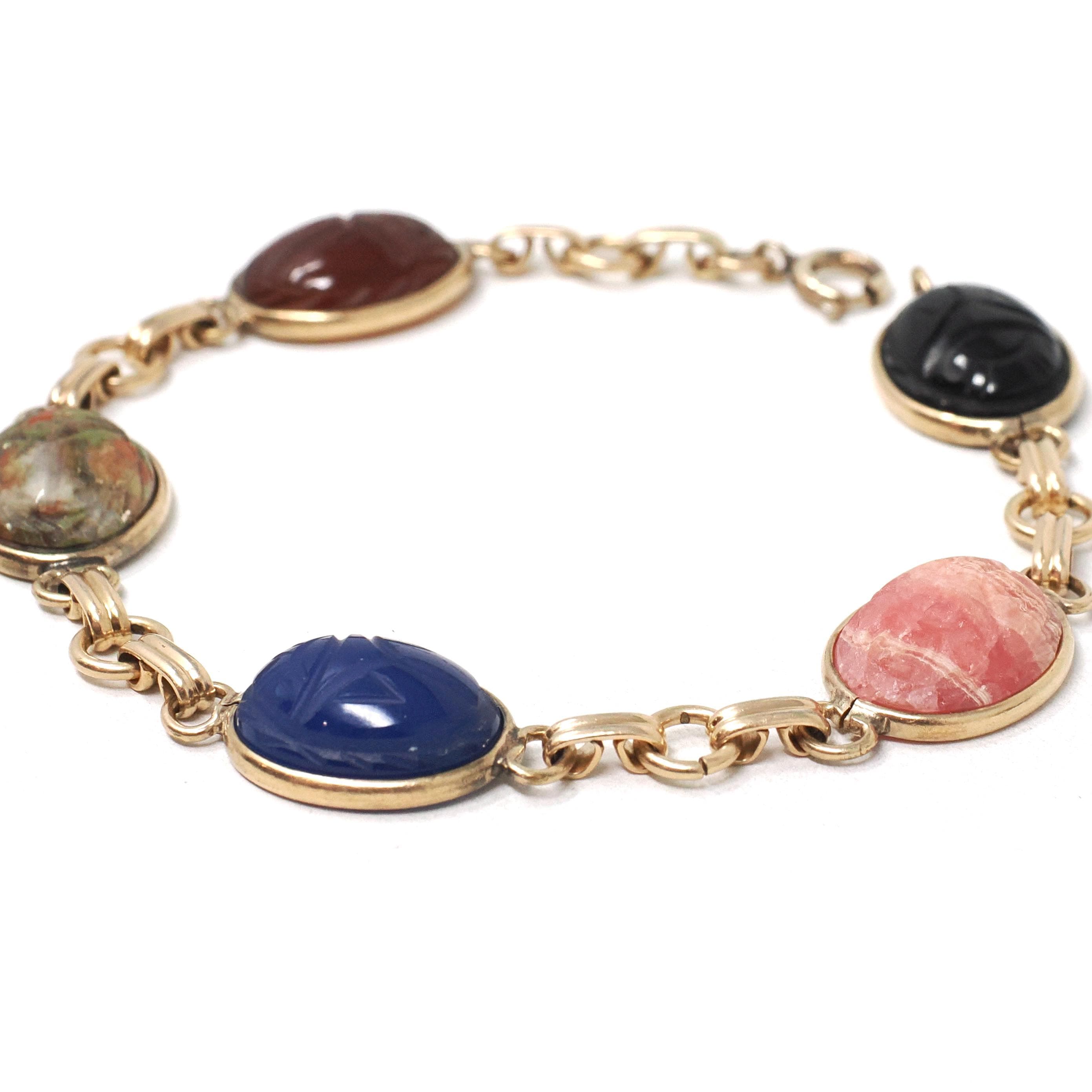 Vintage Scarab Bracelet - Retro Gold Filled Carved Natural Gemstones - Circa 1960s Era Egyptian Revival Style Symbolic Panel Linked Jewelry