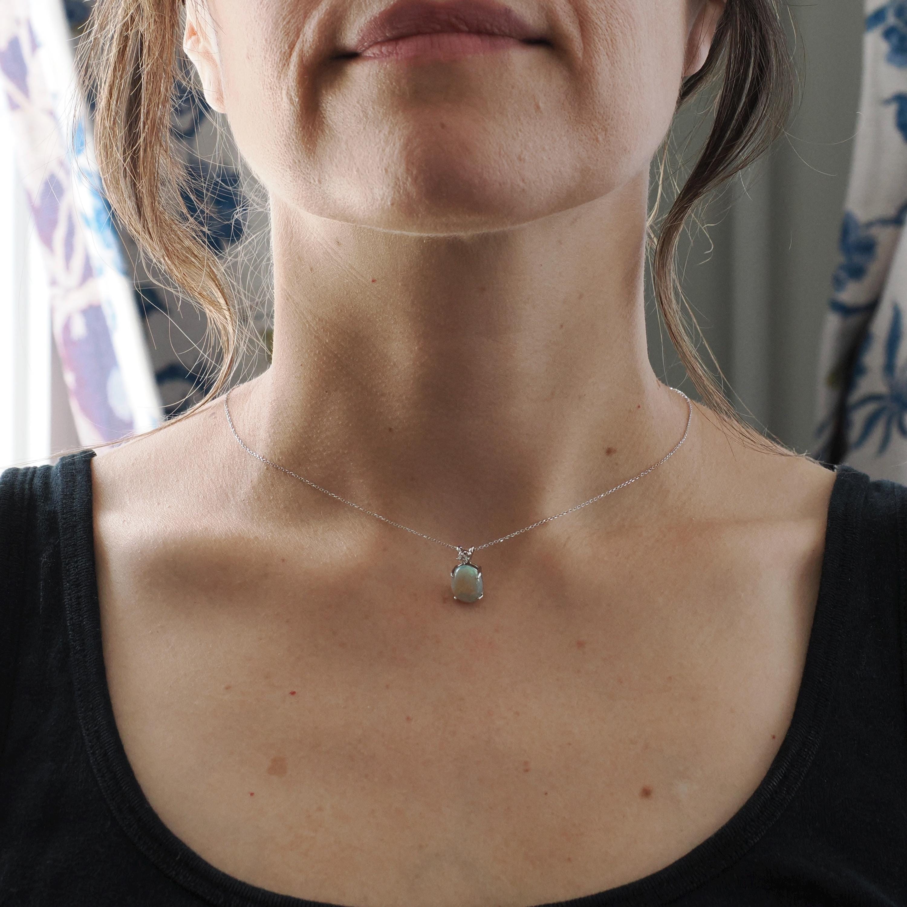 Opal & Diamond Pendant - Estate 14k White Gold Oval Cabochon Cut 2.26 CT Gem Necklace - Modern Circa 2000's October Birthstone Fine Jewelry