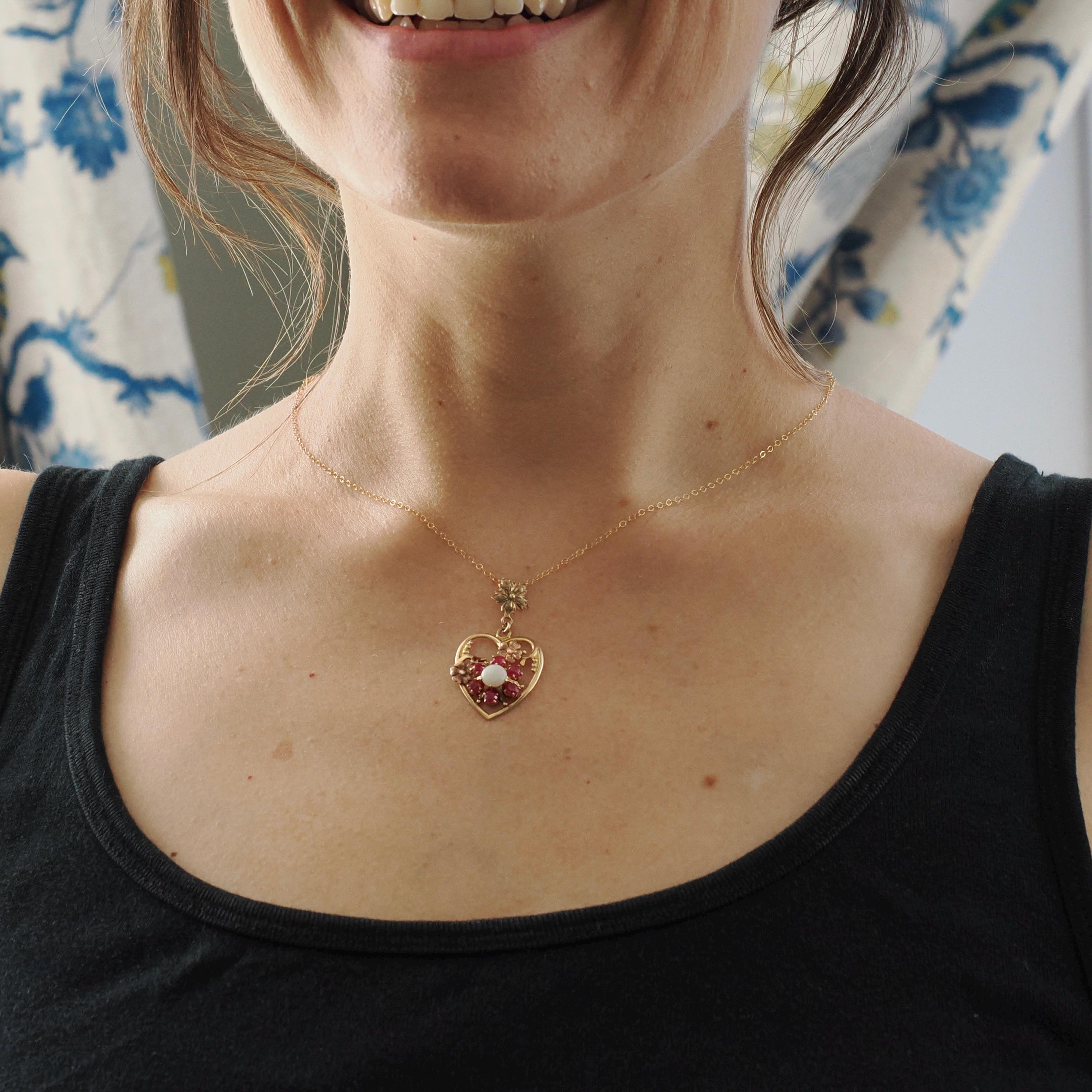 Gemstone Flower Heart Pendant - Mid Century 10k Yellow Rose Gold Opal Created Ruby Charm Necklace - Circa 1940s Era Fine Sweetheart Jewelry