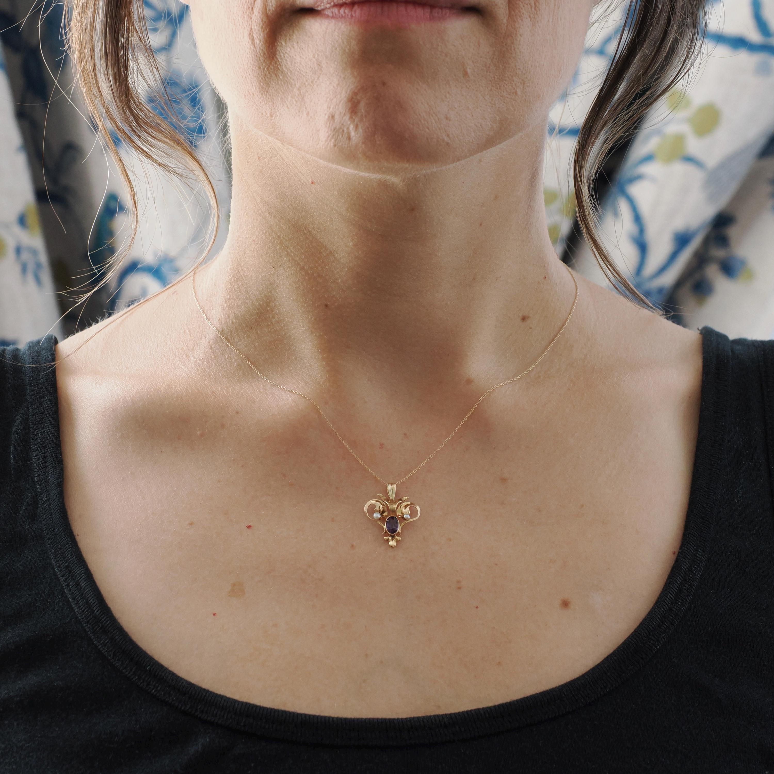 Antique Lavalier Necklace - Edwardian 10k Yellow Gold Natural Amethyst Seed Pearl Pendant - Art Nouveau Circa 1900s Era Dainty Fine Jewelry