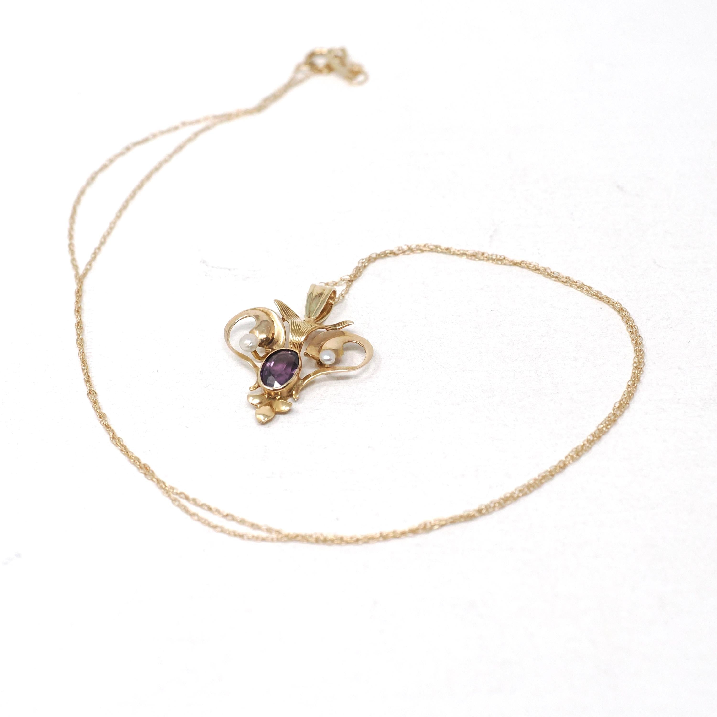 Antique Lavalier Necklace - Edwardian 10k Yellow Gold Natural Amethyst Seed Pearl Pendant - Art Nouveau Circa 1900s Era Dainty Fine Jewelry