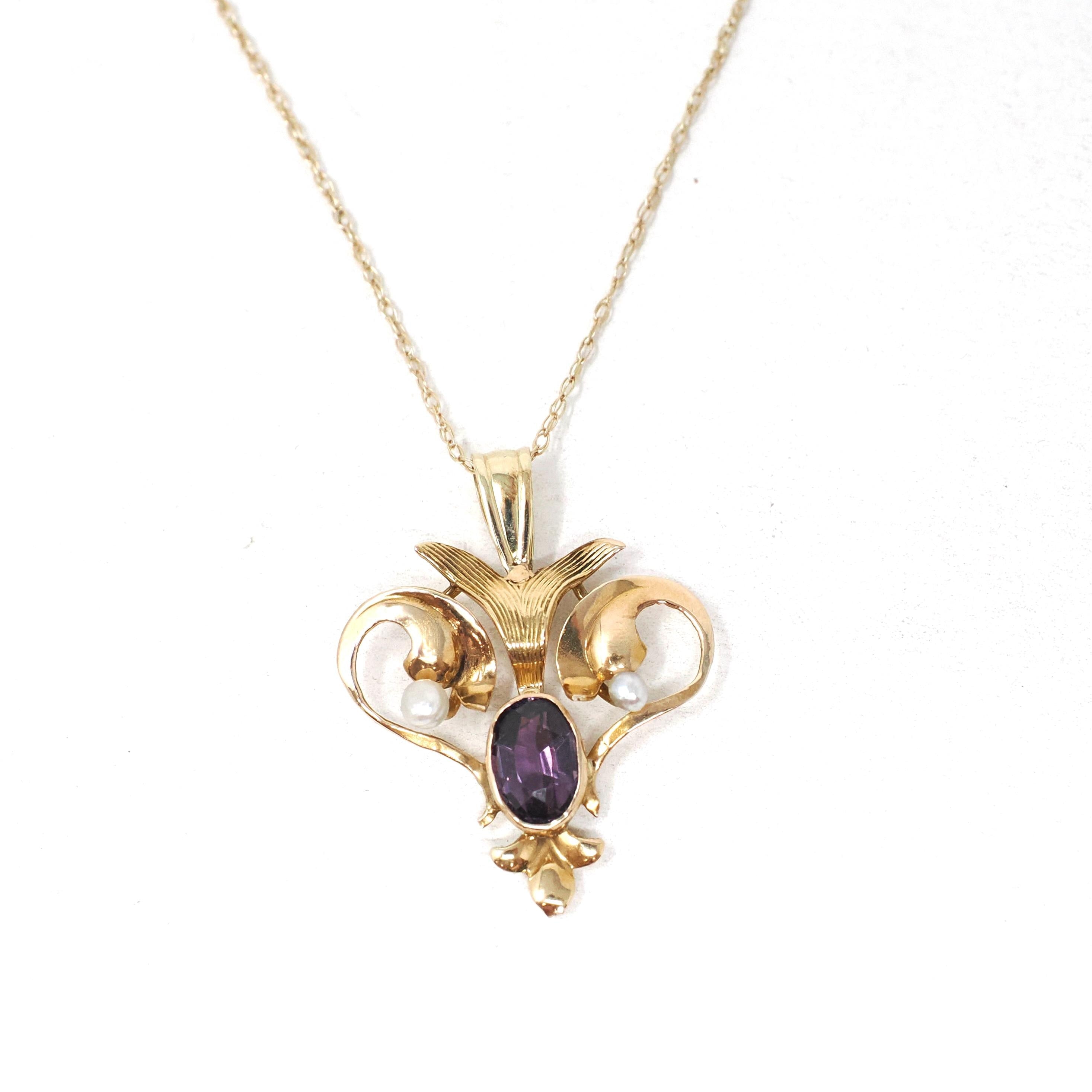 Antique Lavalier Necklace - Edwardian 10k Yellow Gold Natural Amethyst Seed Pearl Pendant - Art Nouveau Circa 1900s Era Dainty Fine Jewelry