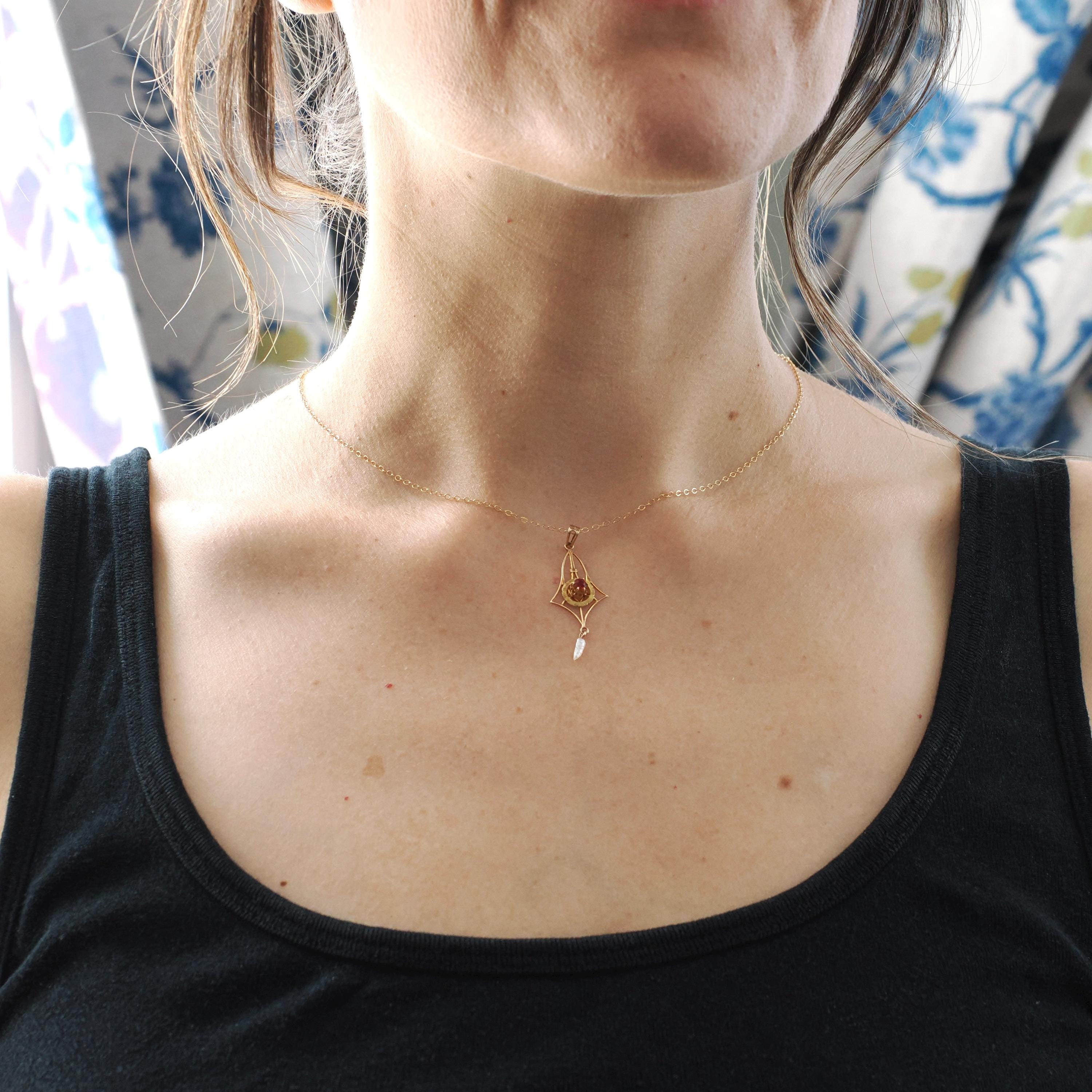 Antique Lavalier Necklace - Edwardian 10k Yellow Gold Red Glass & Cultured Pearl Pendant - Vintage Circa 1910s Era Dainty Fine Jewelry