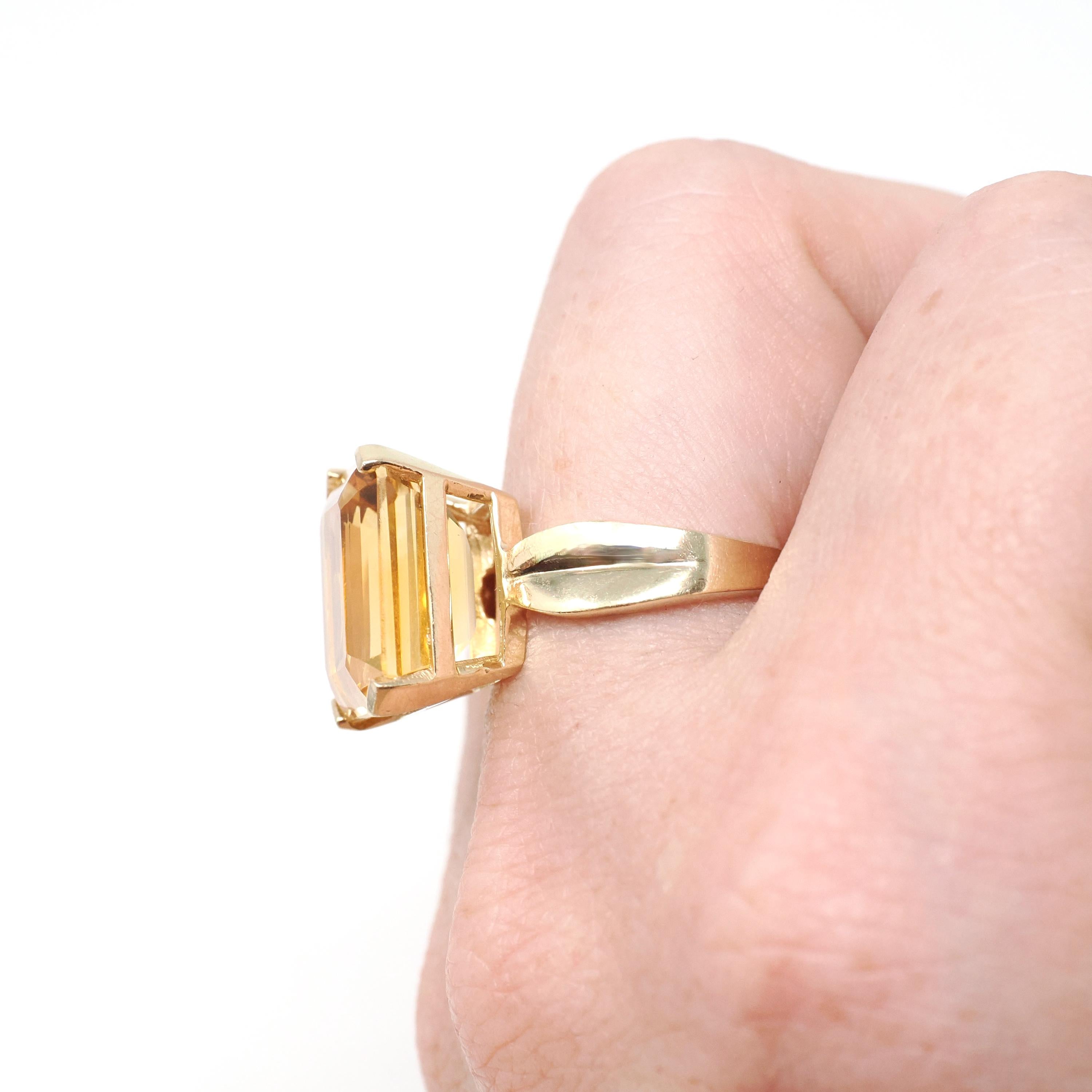 Modern Citrine Ring - Estate 10k Yellow Gold Emerald Cut 9.14 CT Gem - Circa 2000s Era Size 6 November Birthstone Fine Statement Jewelry