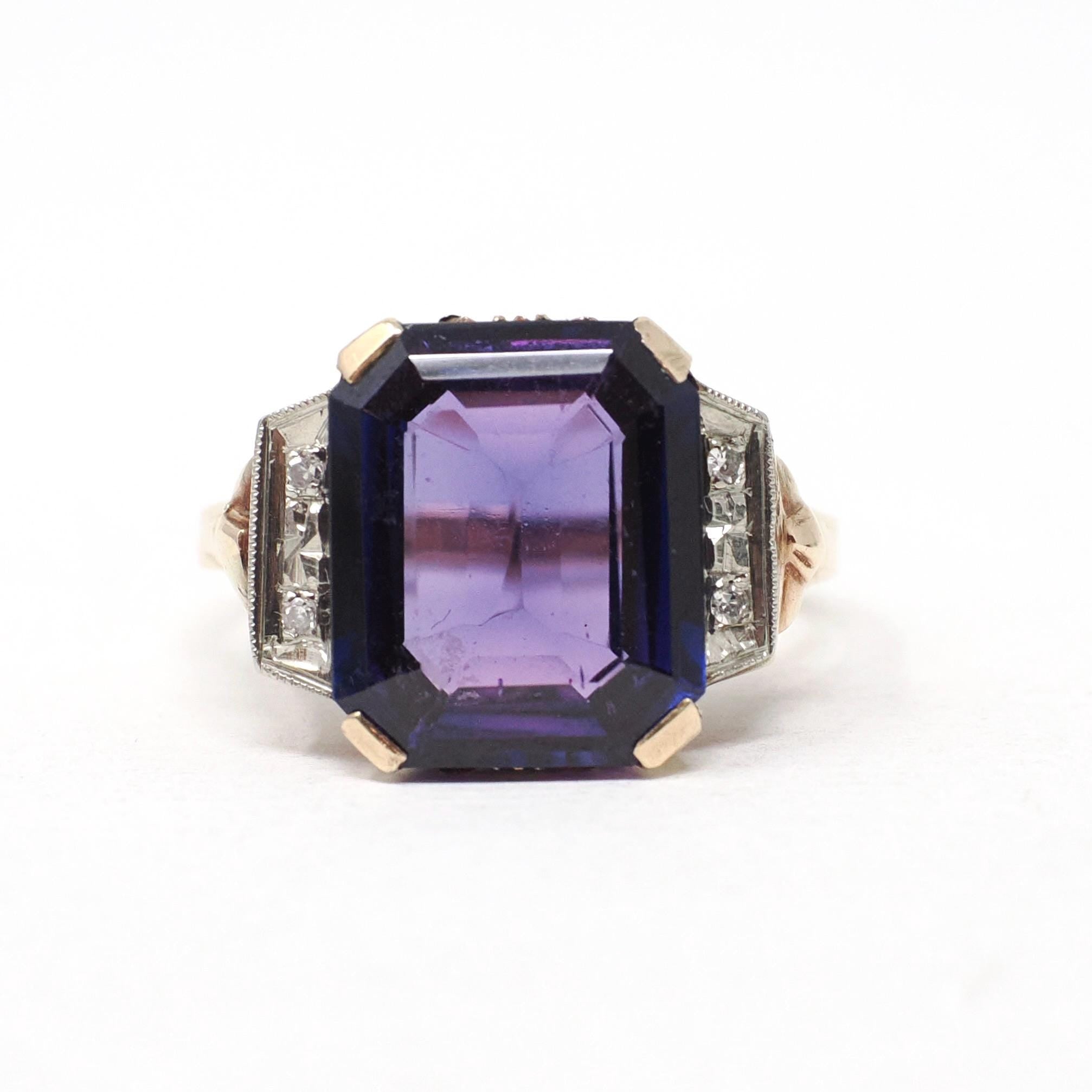 Created Color Change Sapphire Ring - Mid Century 10k Yellow & White Gold Natural Purple Gemstone - Vintage 1940s Era Size 6 Fine 40s Jewelry