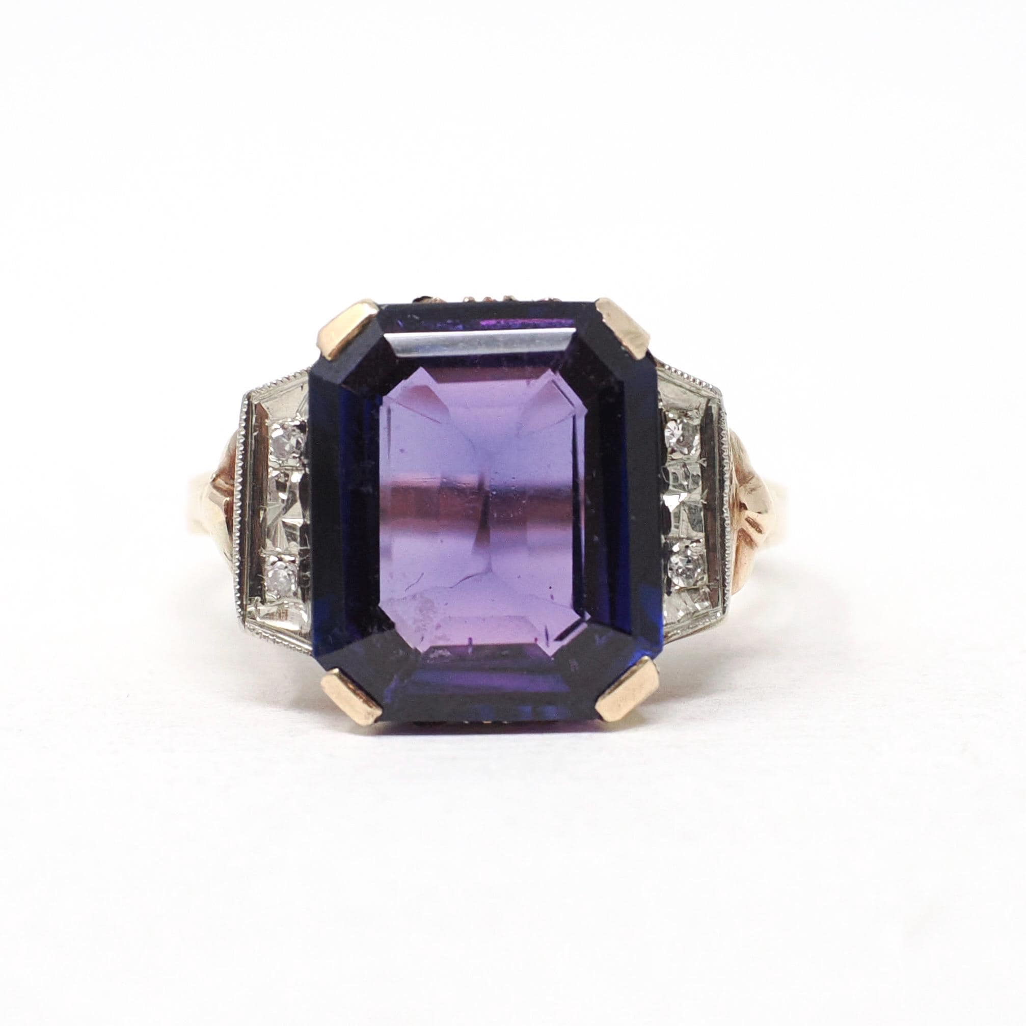 Created Color Change Sapphire Ring - Mid Century 10k Yellow & White Gold Natural Purple Gemstone - Vintage 1940s Era Size 6 Fine 40s Jewelry