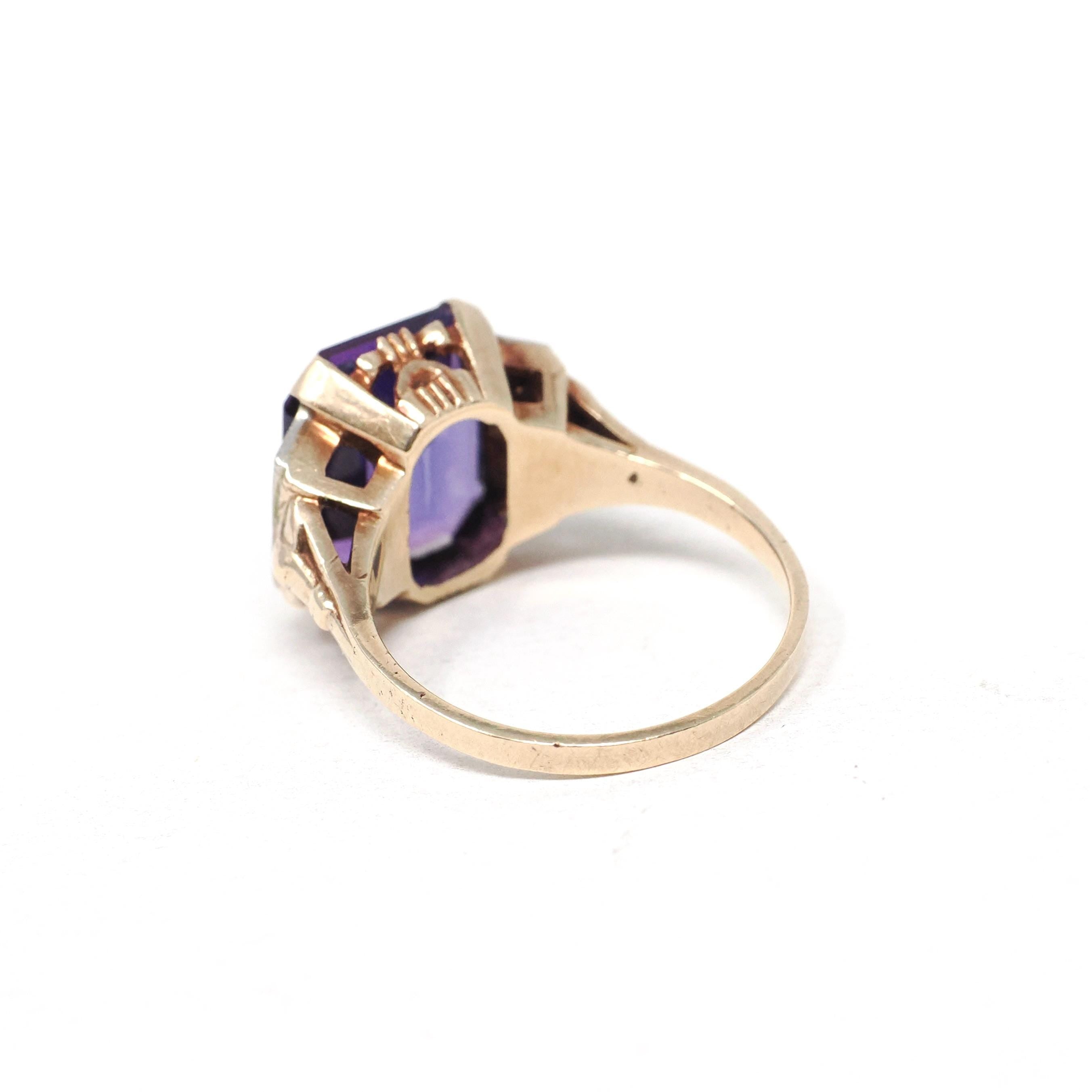 Created Color Change Sapphire Ring - Mid Century 10k Yellow & White Gold Natural Purple Gemstone - Vintage 1940s Era Size 6 Fine 40s Jewelry